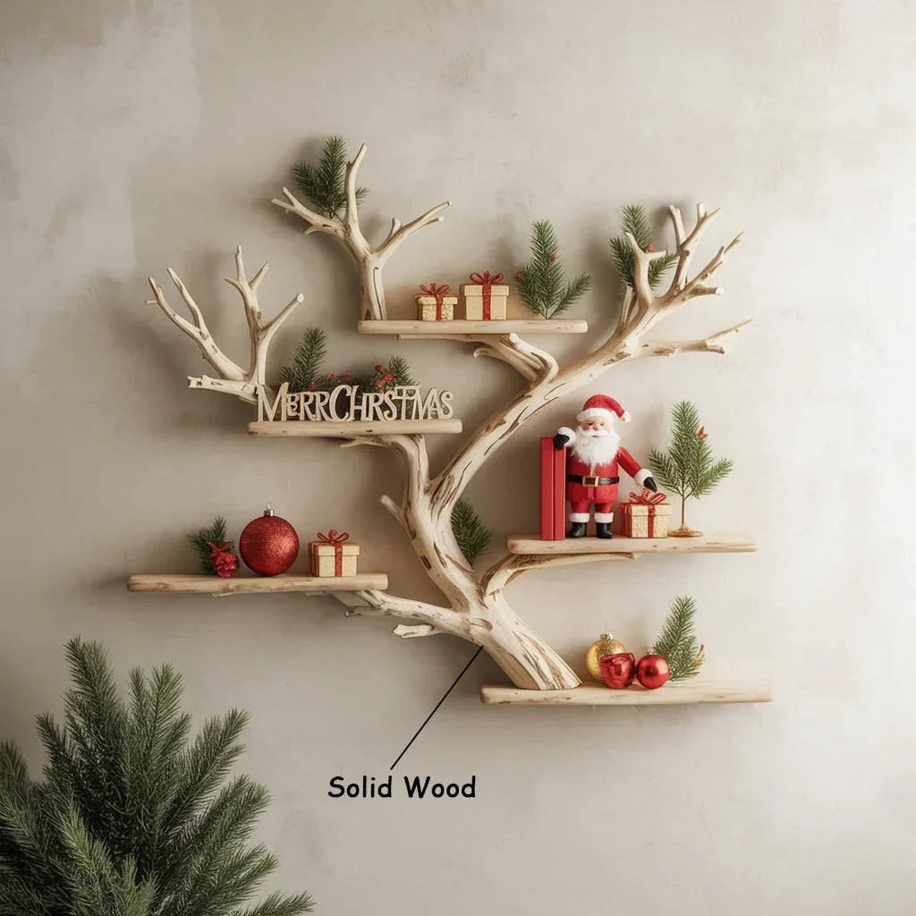 Tree-shaped solid wood wall shelf decorated with Christmas ornaments and gifts.