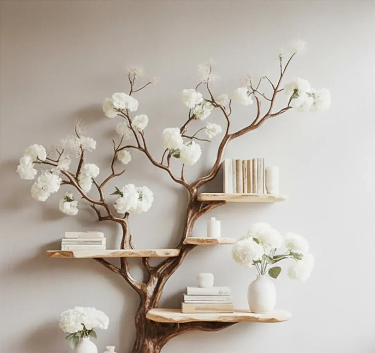 Live edge solid wood tree bookshelf with white floral decor and books against light wall