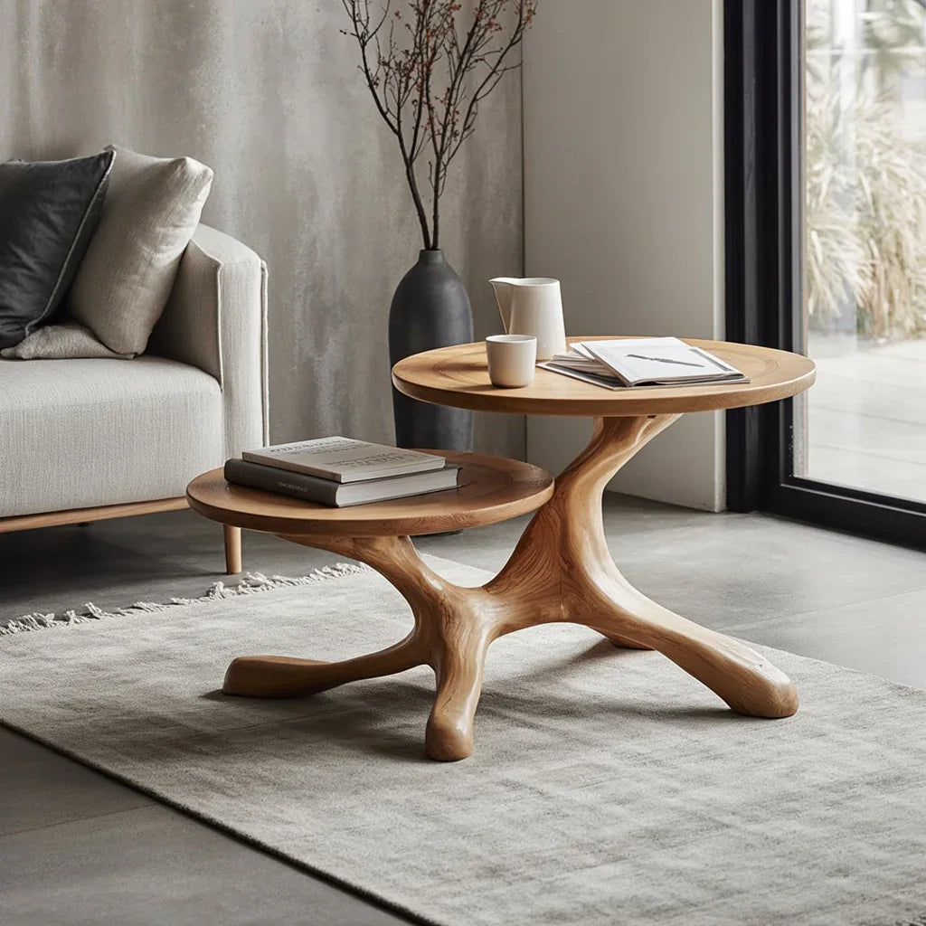 Solid wood live edge nesting coffee tables in modern living room with soft rug and books