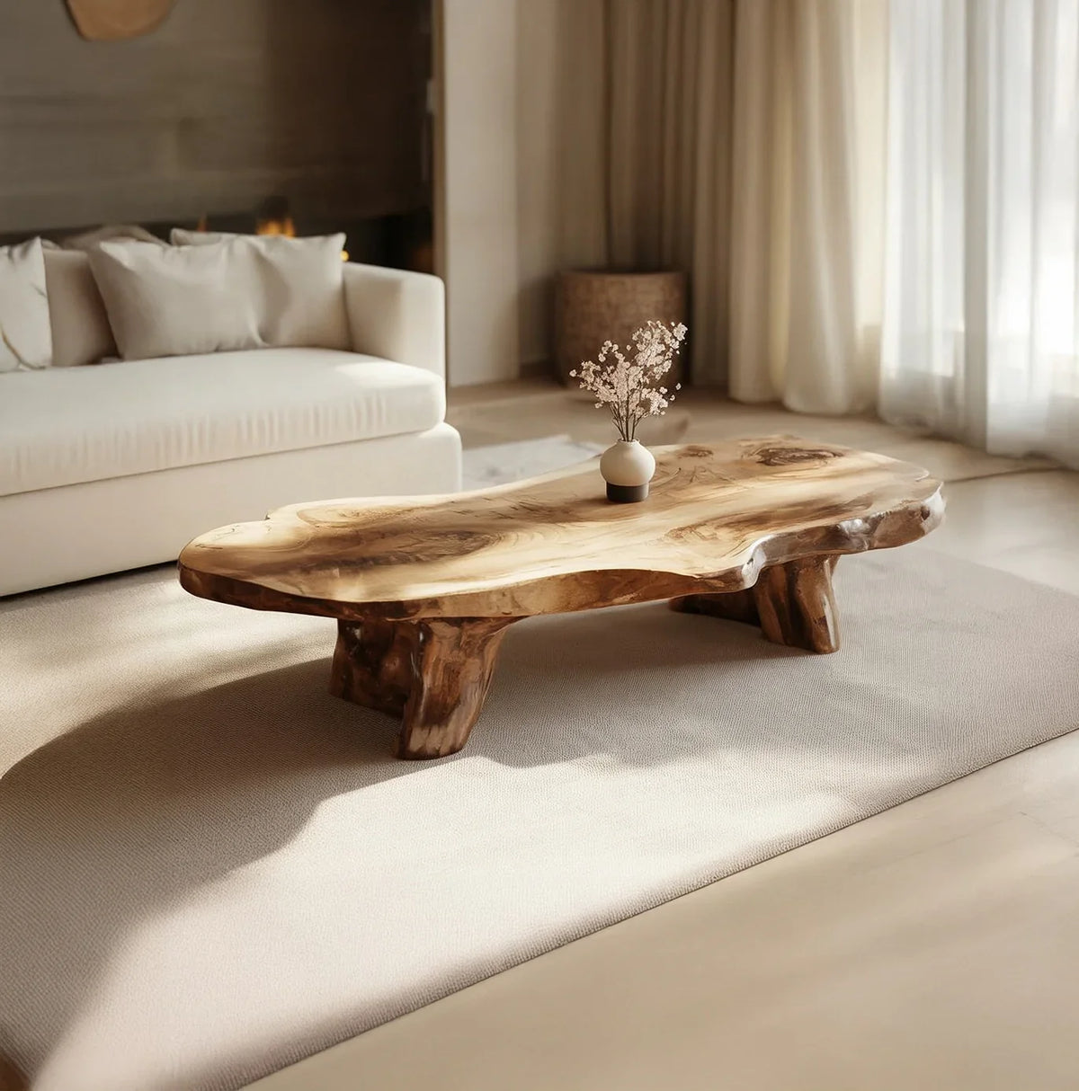 Live edge solid wood coffee table in modern living room with natural light