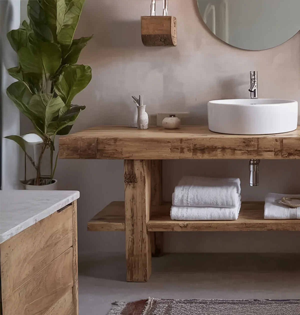 Solid wood bathroom vanity with live edge, vessel sink, and shelf with white towels
