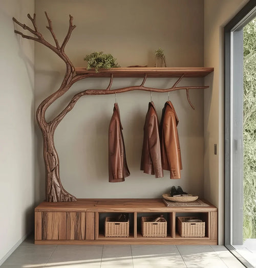 Handcrafted Solid Wood Tree Hanger – Sculptural Branch Coat Rack & Entryway Organizer