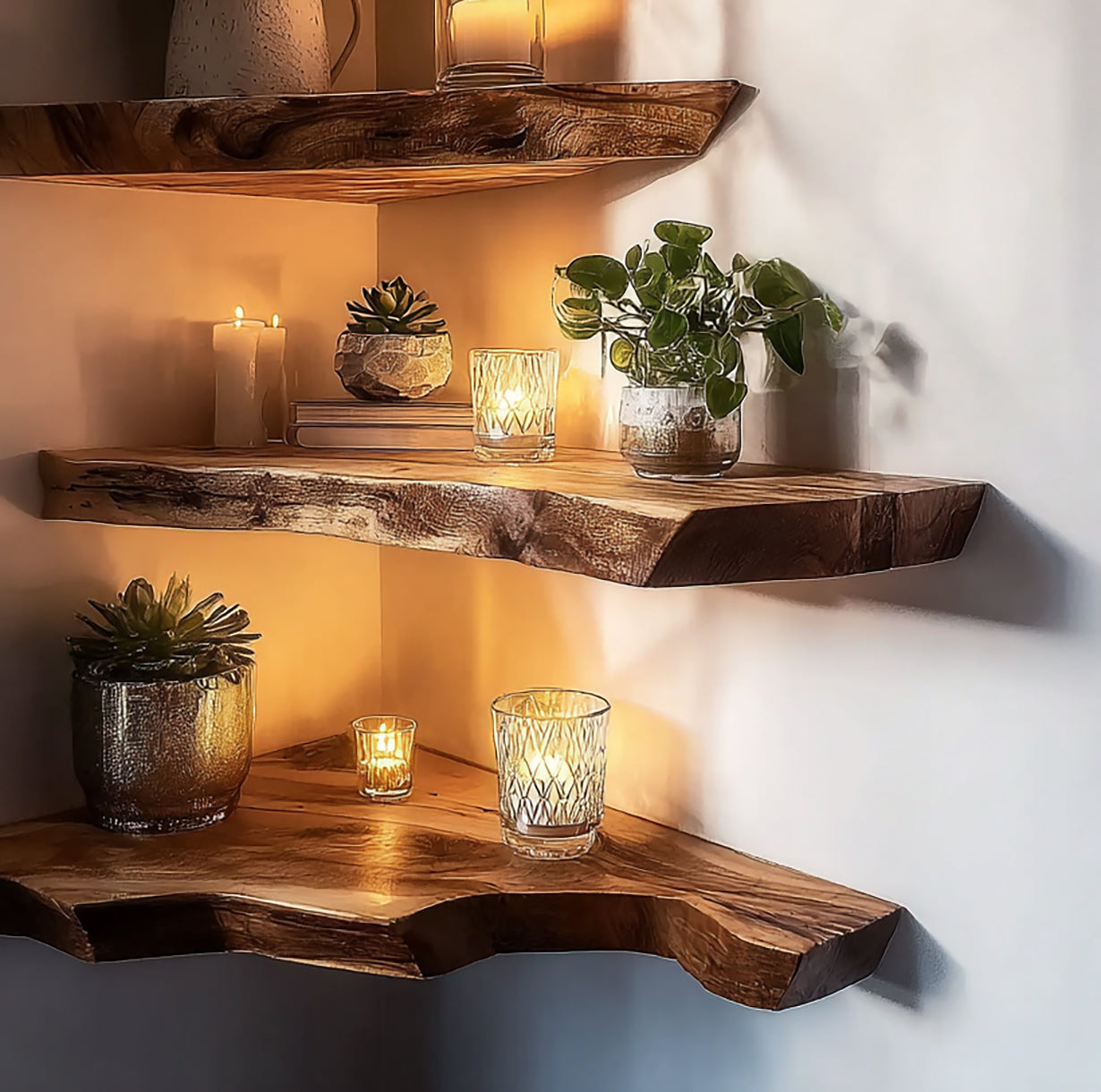 Decorative wooden floating corner shelves with candles and small potted plants for cozy home decor