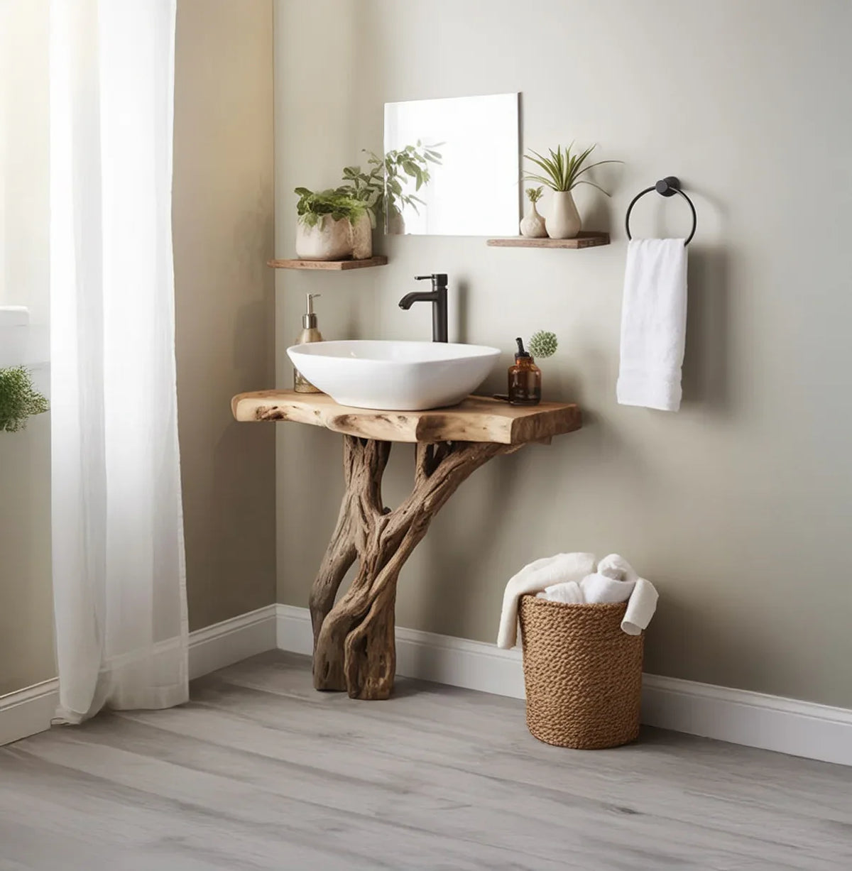 Sustainably crafted solid wood live edge bathroom vanity with vessel sink and plants