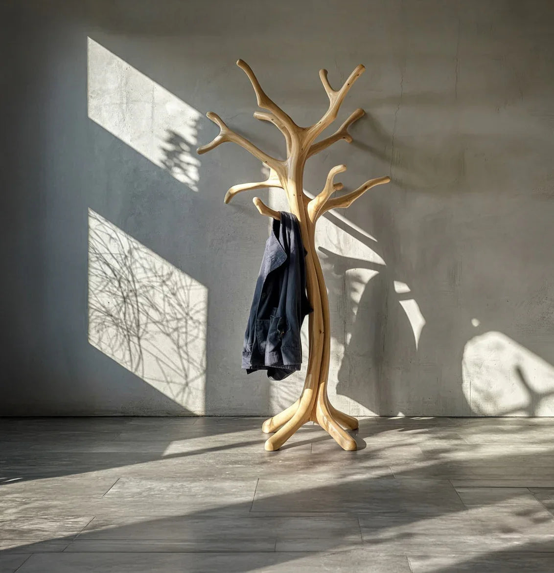 Solid wood tree coat rack with natural branches, holding a jacket in sunlit modern room