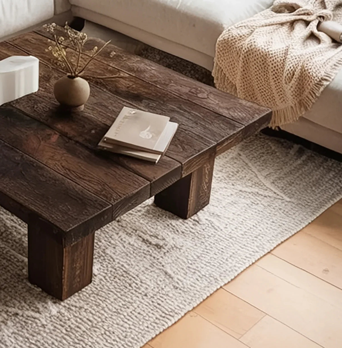 Rustic solid wood coffee table with live edge design in a cozy living room