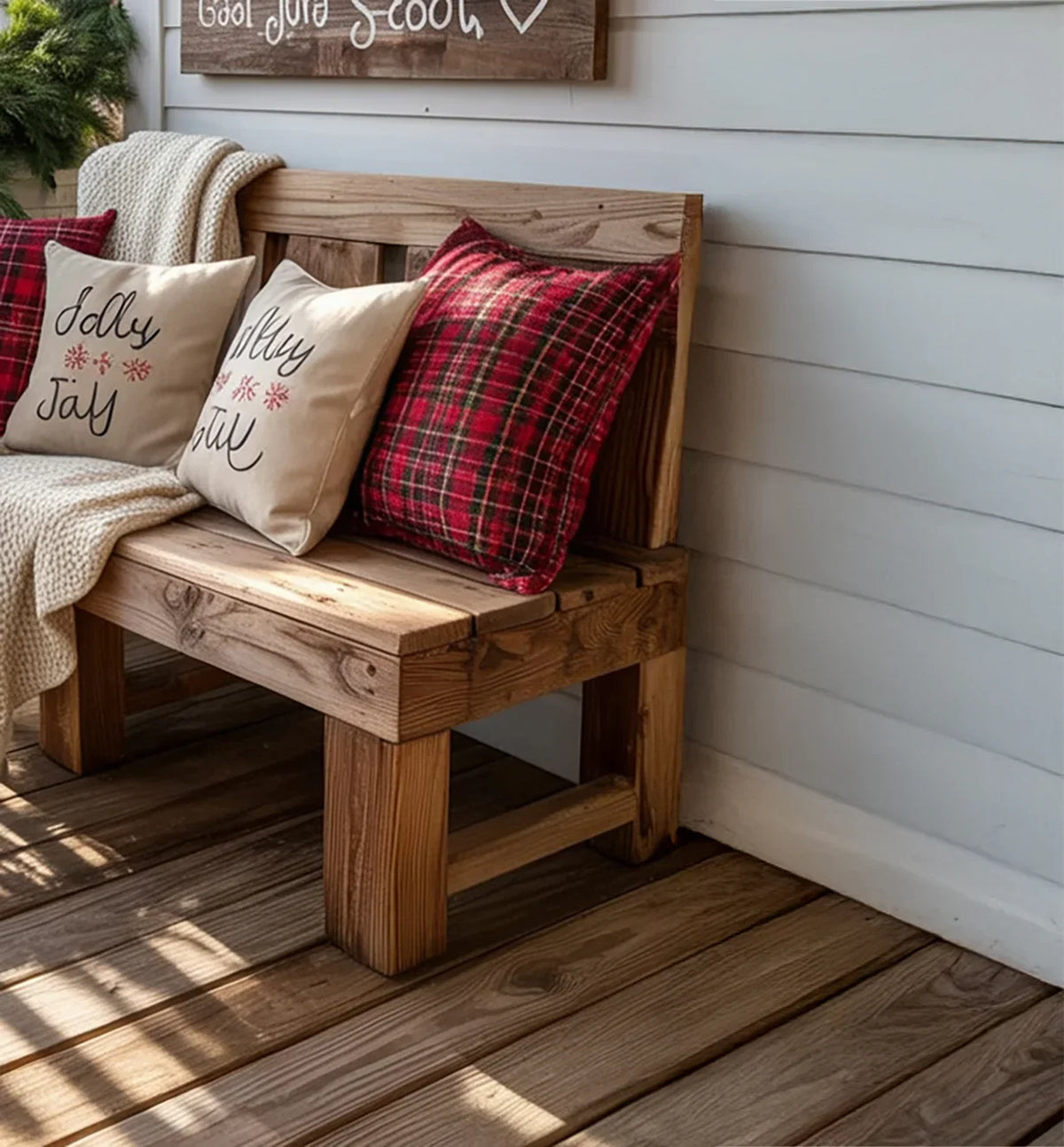 Cozy wooden bench with red plaid and jolly joy throw pillows on a porch with white siding