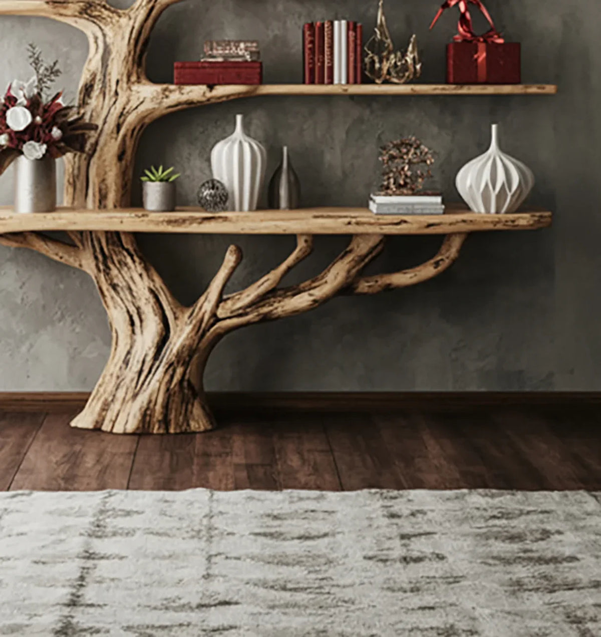 Tree branch style wooden wall shelves with decorative vases, books, and gift box in modern room