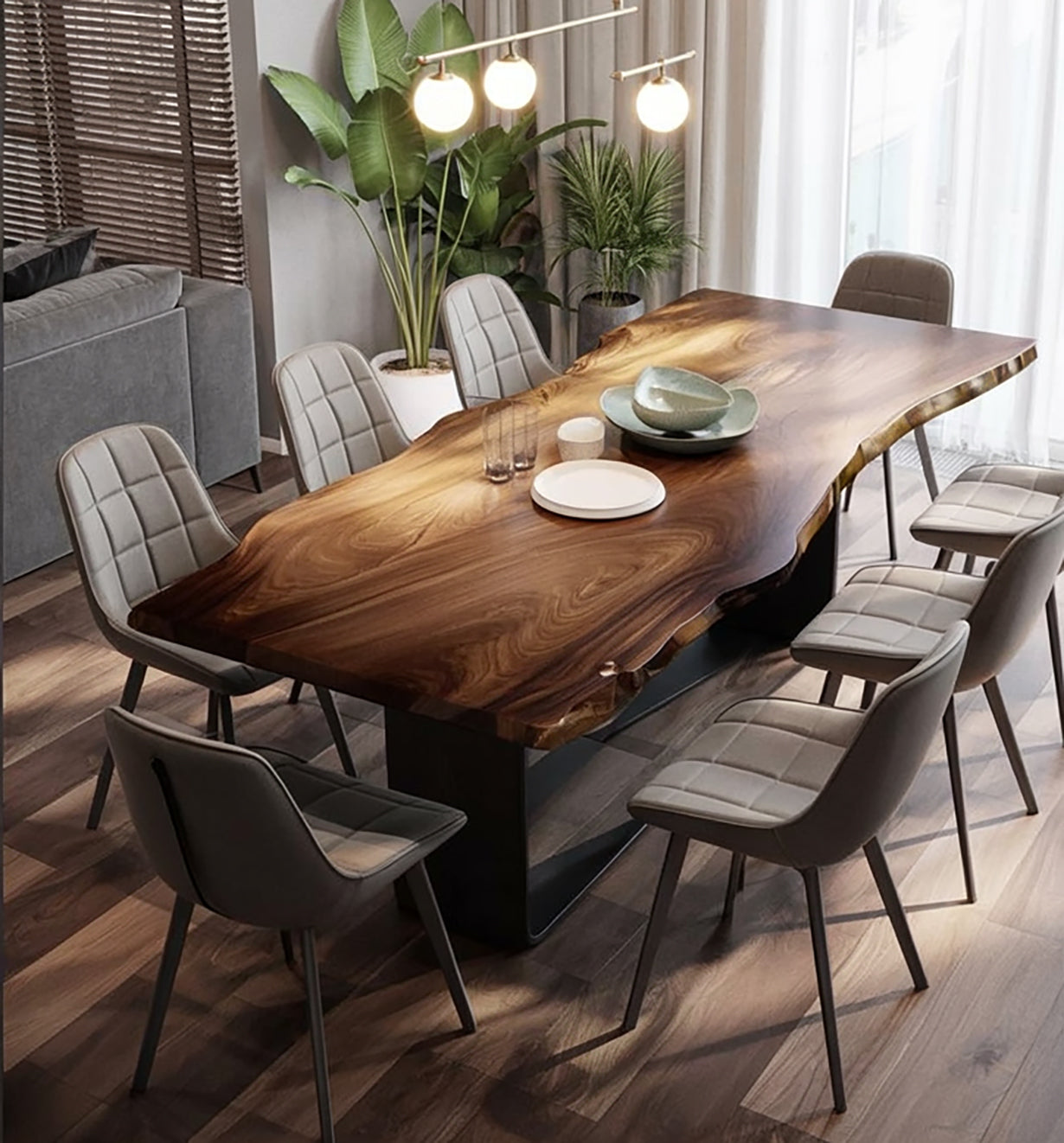 Modern dining room with live edge wooden table and six grey cushioned chairs