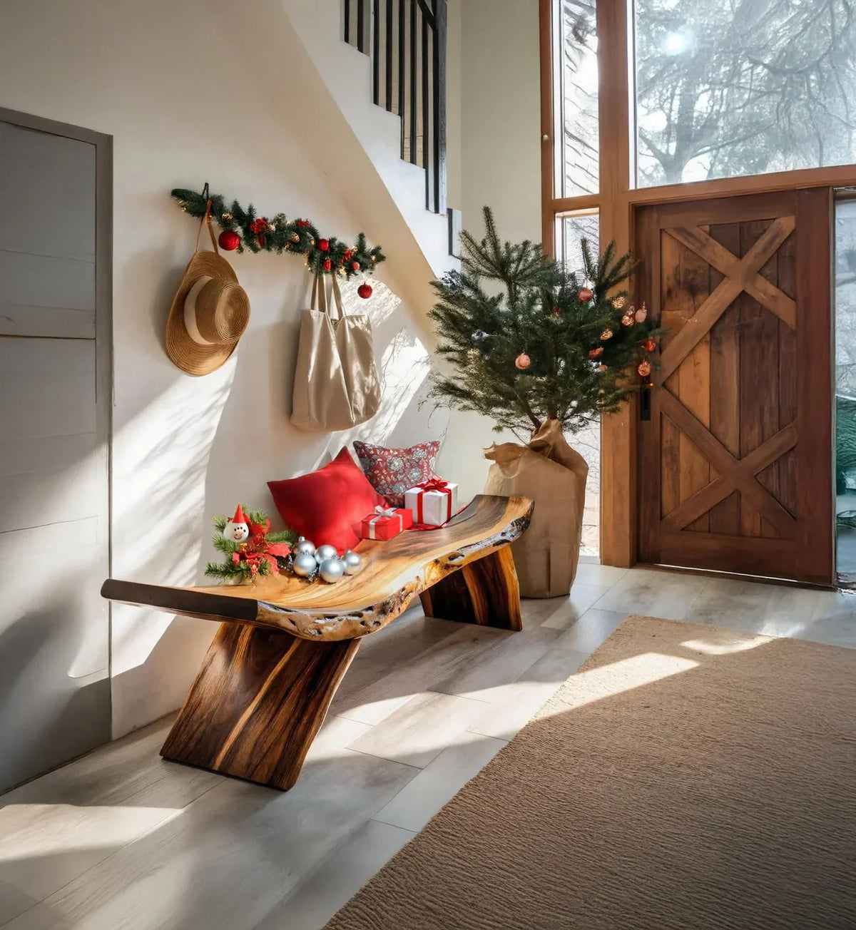 Cozy entryway with rustic wooden bench decorated with Christmas pillows, gifts, ornaments, and a small tree