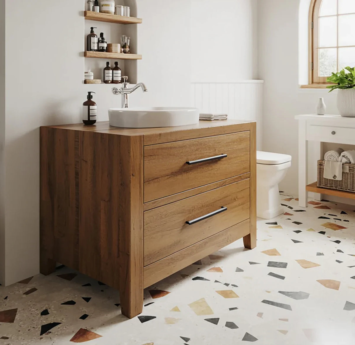 Modern bathroom with a solid wood vanity, vessel sink, and floating shelves