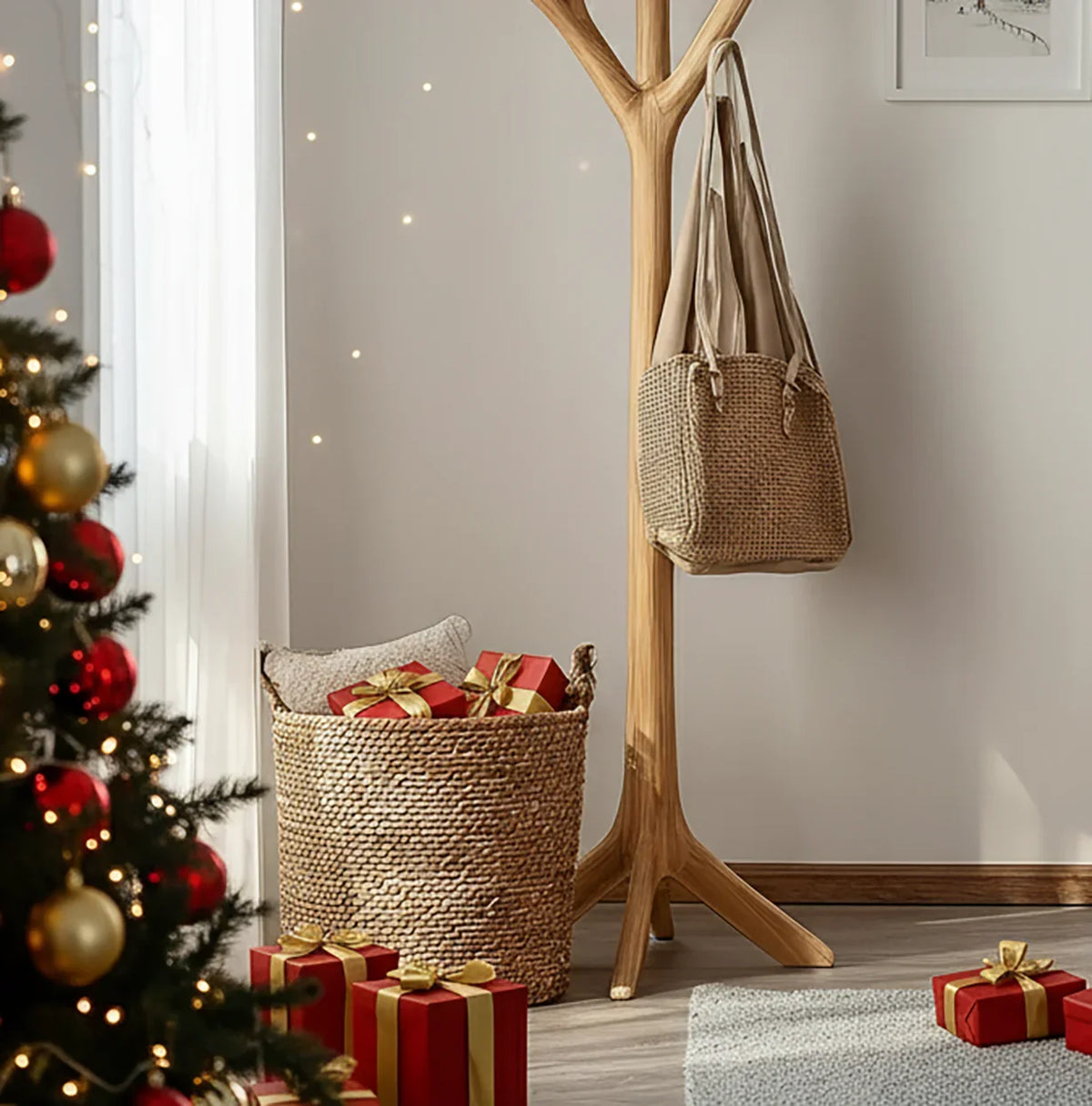 Christmas tree with red and gold ornaments near wicker basket and wooden coat rack holding a woven bag