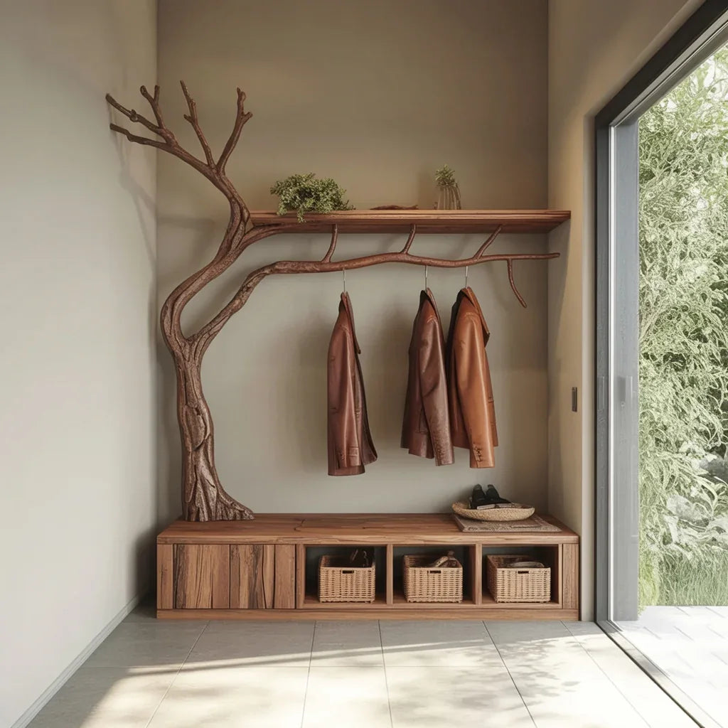 Sustainably crafted solid wood tree coat rack with bench and baskets in modern entryway