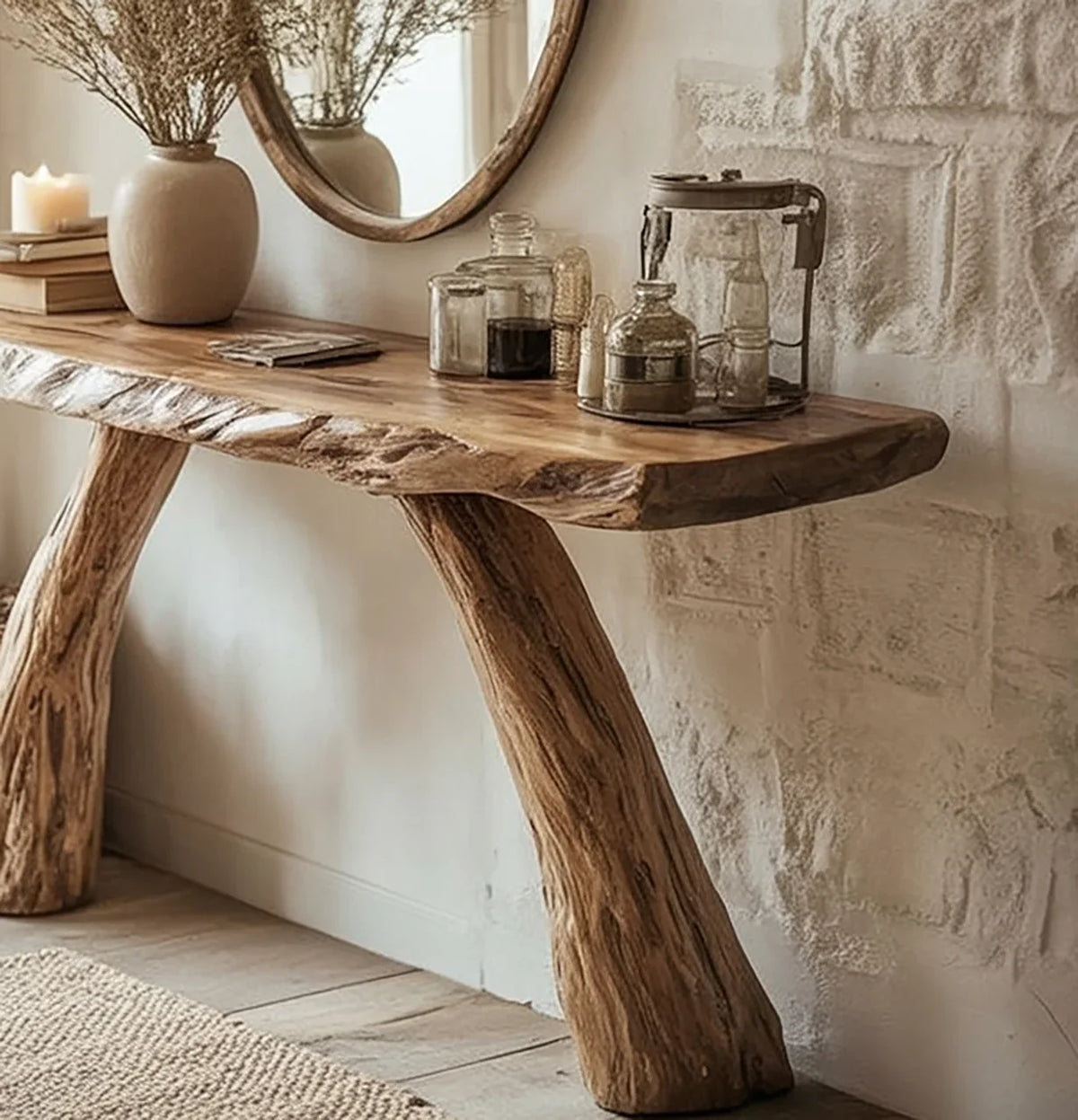 Sustainably crafted live edge solid wood console table with rustic decor and round mirror