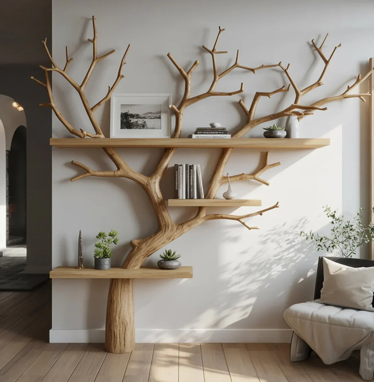 Solid wood tree bookshelf with live edge shelves, holding books and decor in a modern living room.