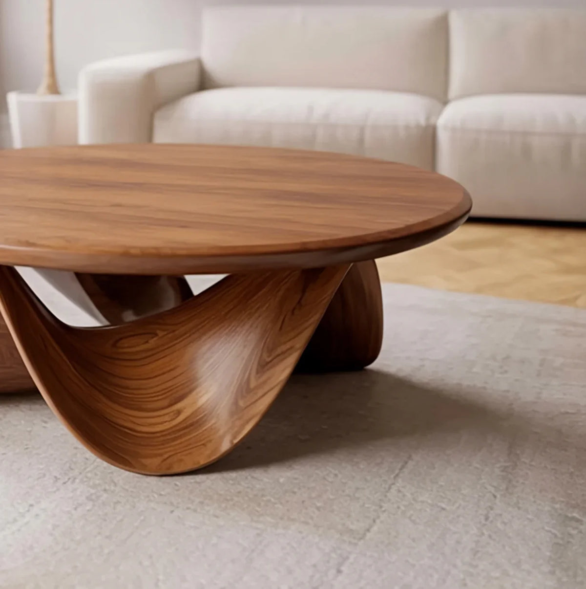 Modern solid wood round coffee table with sculptural base in a minimalist living room