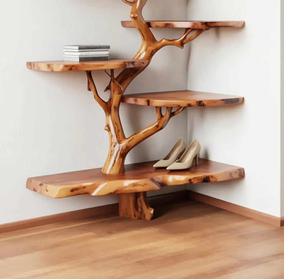 Live edge wooden tree bookshelf with floating shelves in a corner, featuring books and heels.