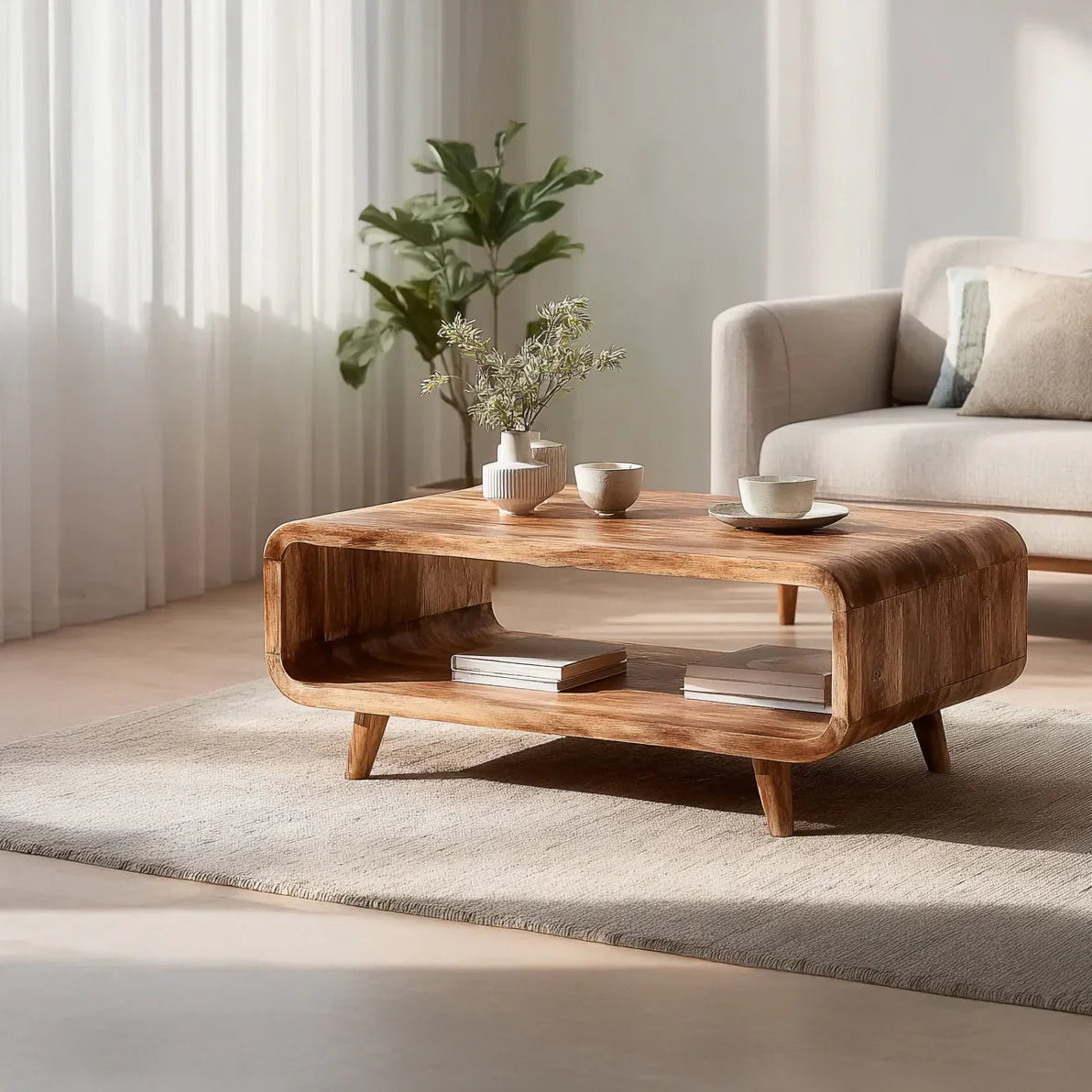 Solid wood modern coffee table with rounded edges, open shelf, decor in sunlit living room