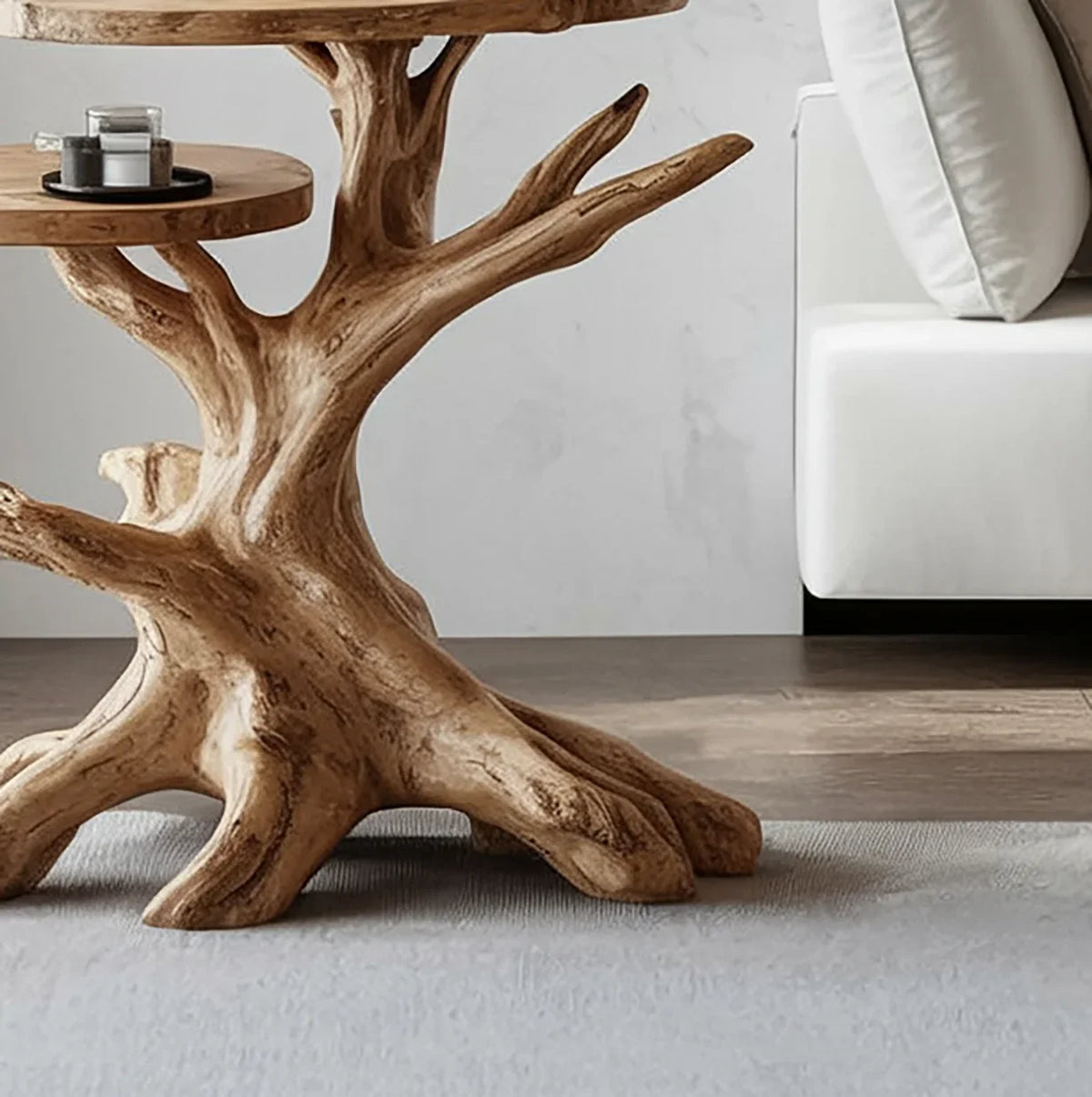 Solid wood tree bookshelf with live edge design in modern living room