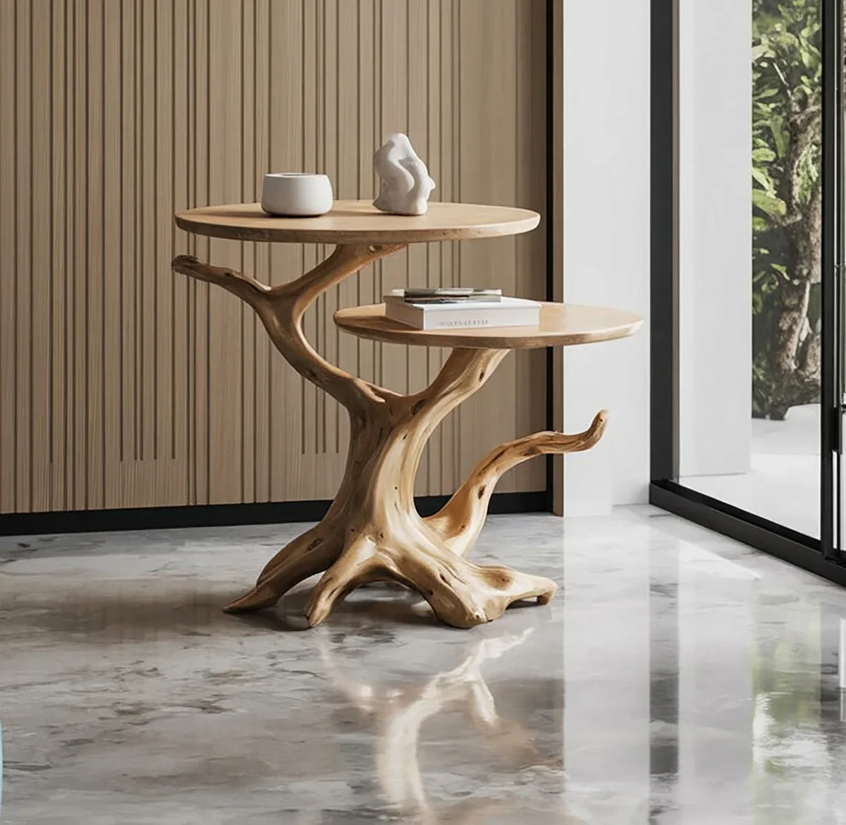 Sculpted solid wood side table with tree branch design, live edge finish, in a modern living room
