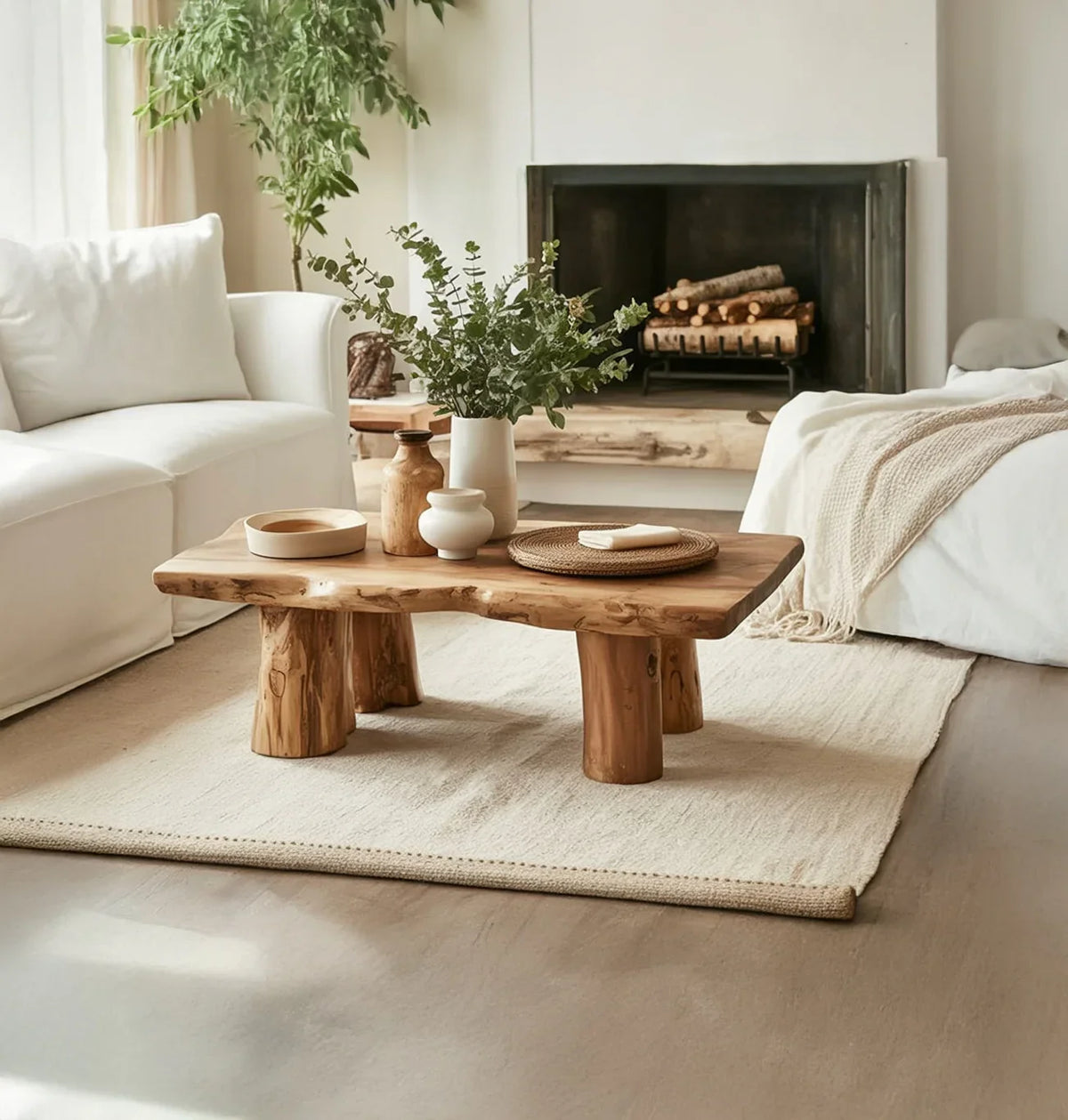 Solid wood live edge coffee table in a cozy living room with neutral decor and plants