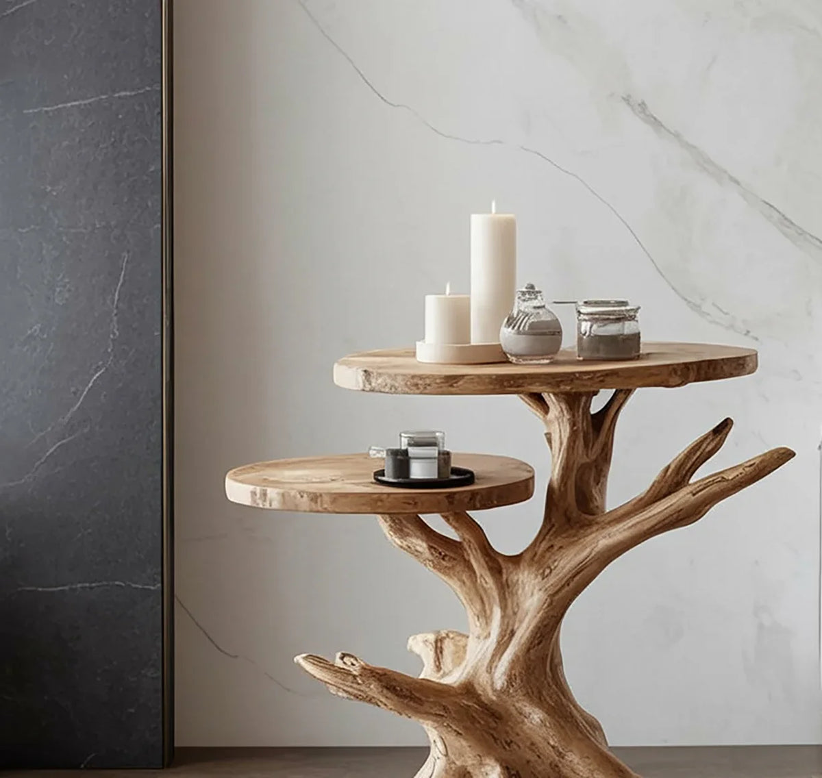 Live edge solid wood side table with tree branch base, decorated with candles and jars