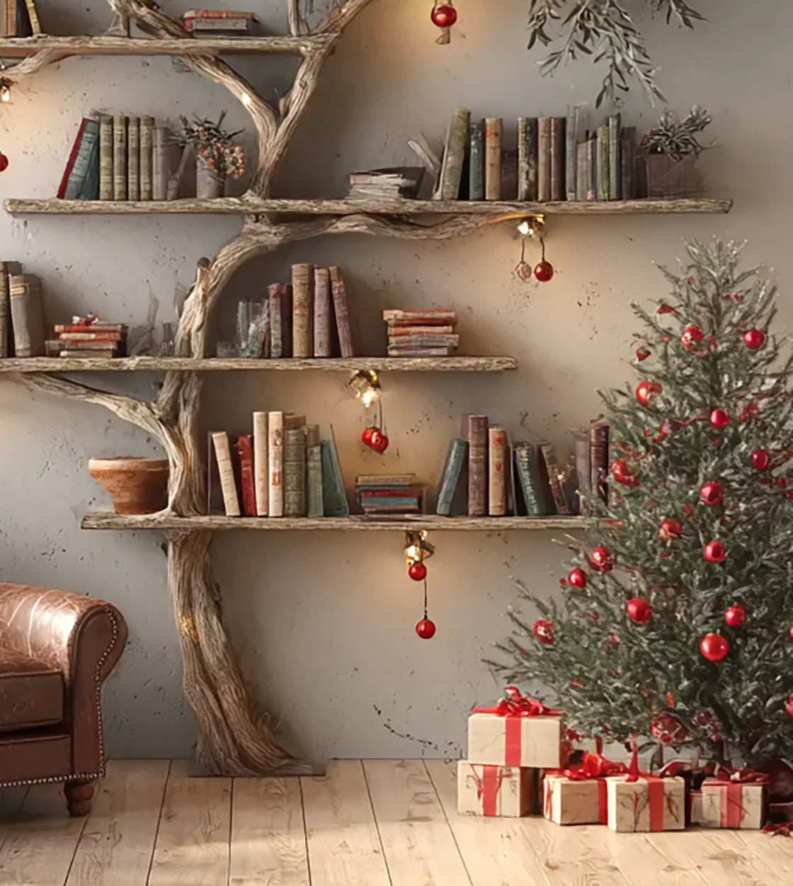 Tree-shaped live edge bookshelf with books, festive lights, Christmas tree, and presents