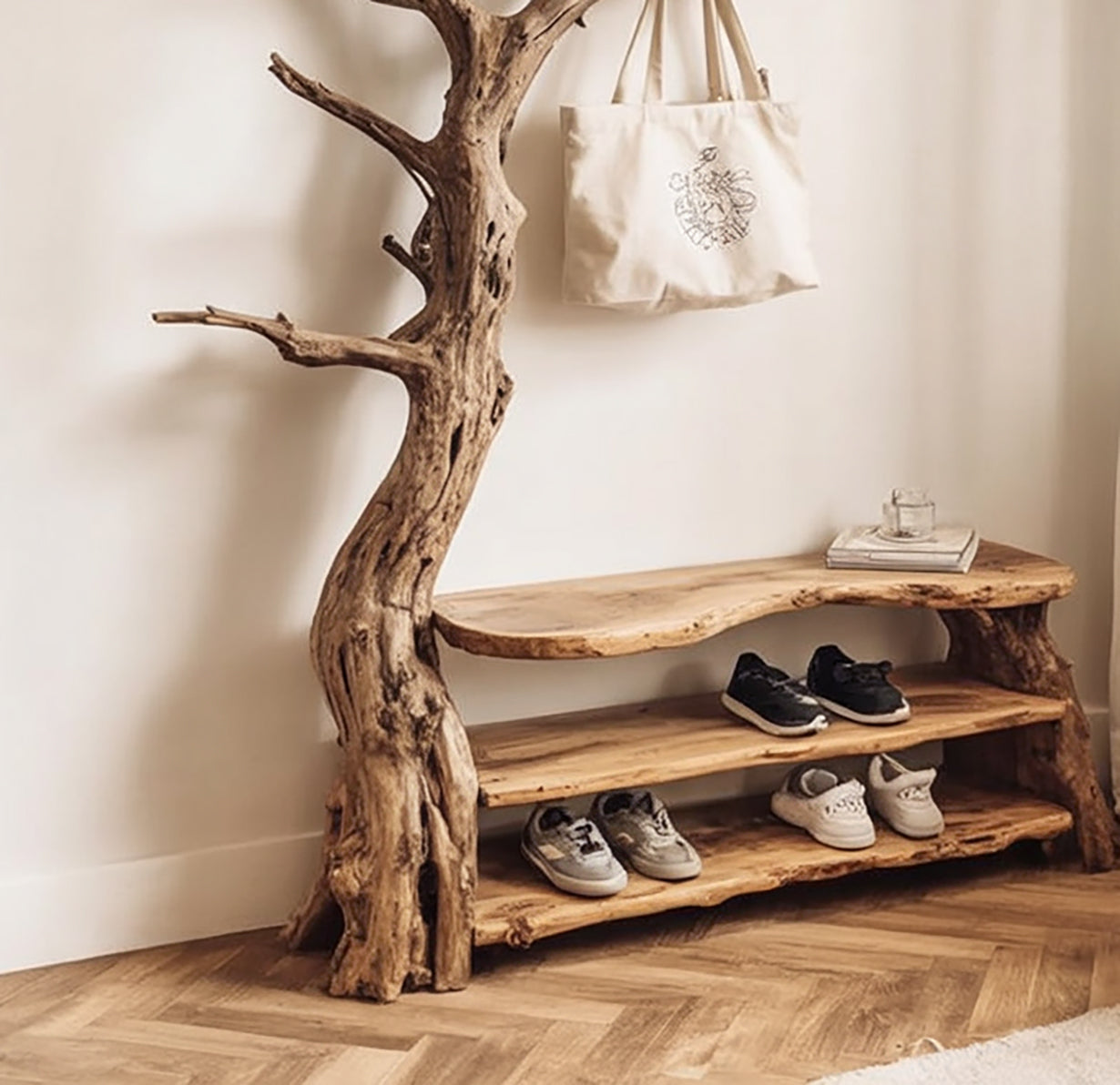 Live edge solid wood shoe bench with integrated tree branch and three shelves, in entryway