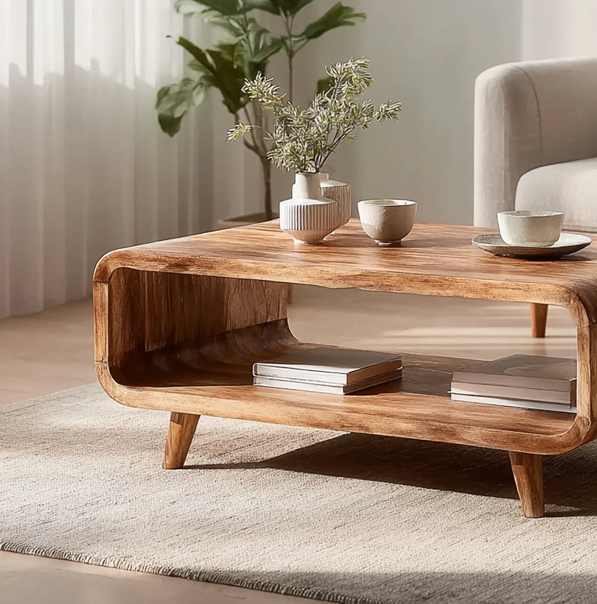 Solid wood live edge coffee table in a sunlit living room with ceramic decor and books