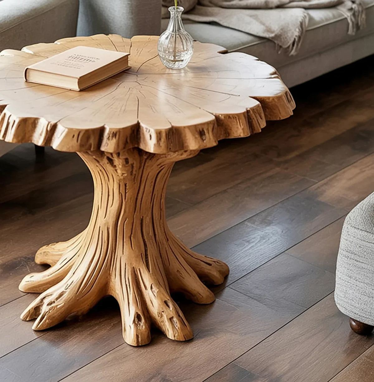 Live edge solid wood coffee table with tree trunk base in modern living room