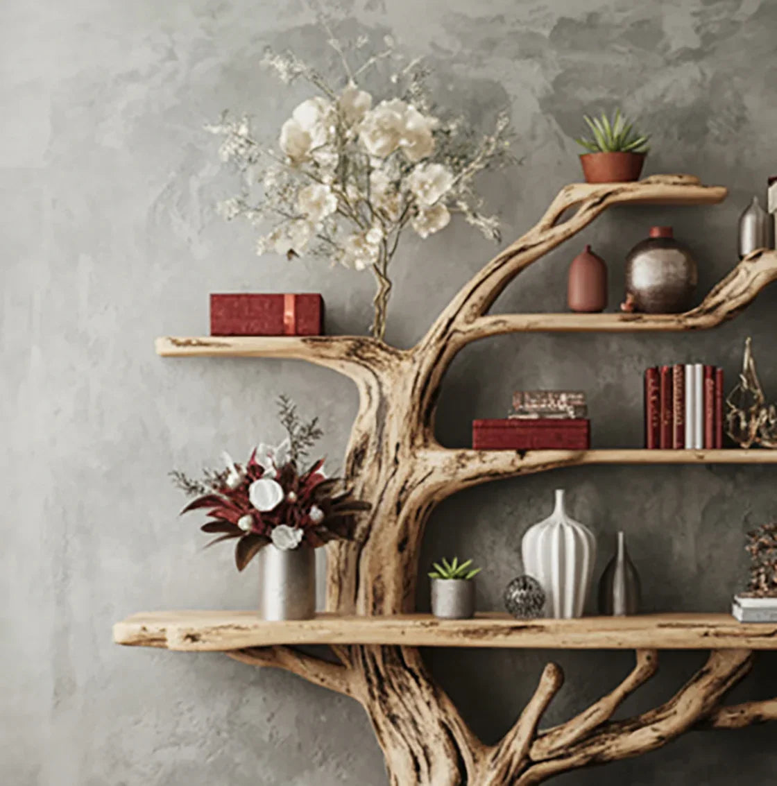 Rustic wooden tree-shaped shelf with decorative plants, vases, books, and flowers on textured gray wall