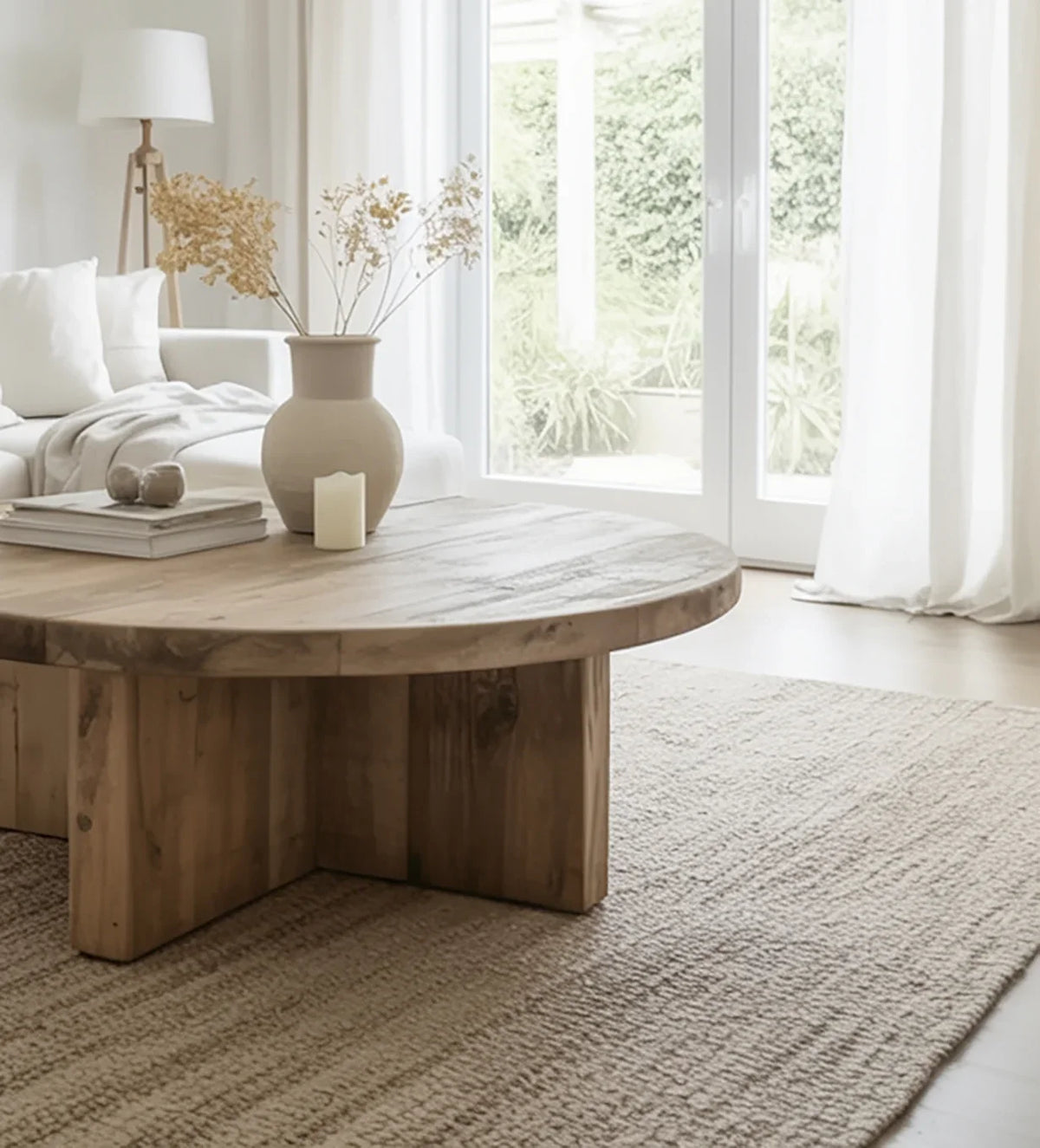 Minimalist living room with round wooden coffee table, beige vase with dried flowers, white sofa, and large glass doors