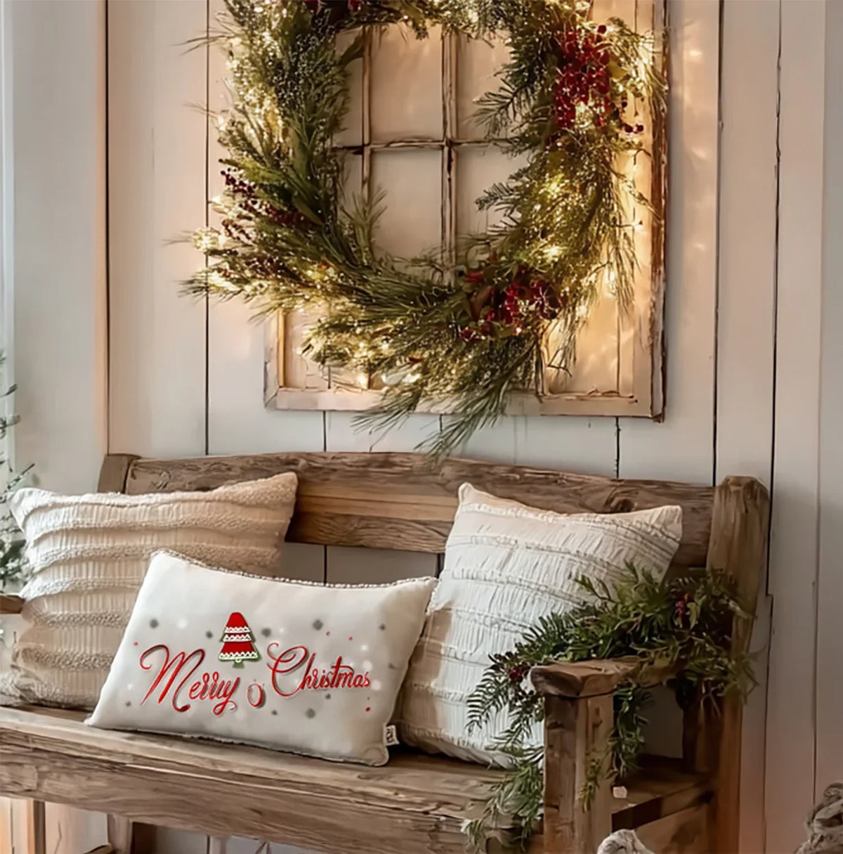 Rustic wooden bench with Christmas-themed pillows and festively decorated wreath with lights on white paneled wall