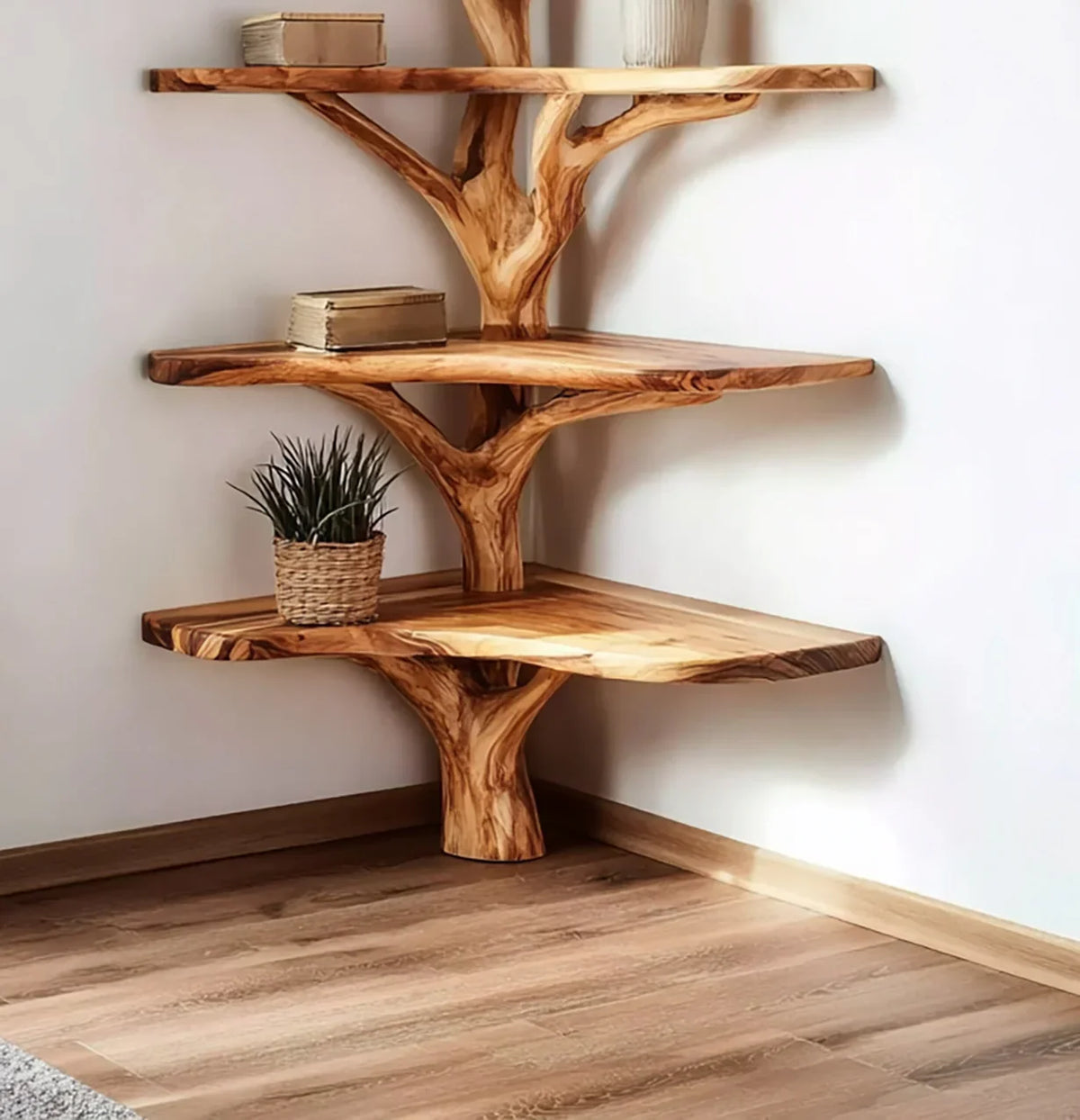 Live edge wooden corner tree bookshelf with solid wood shelves, modern home decor