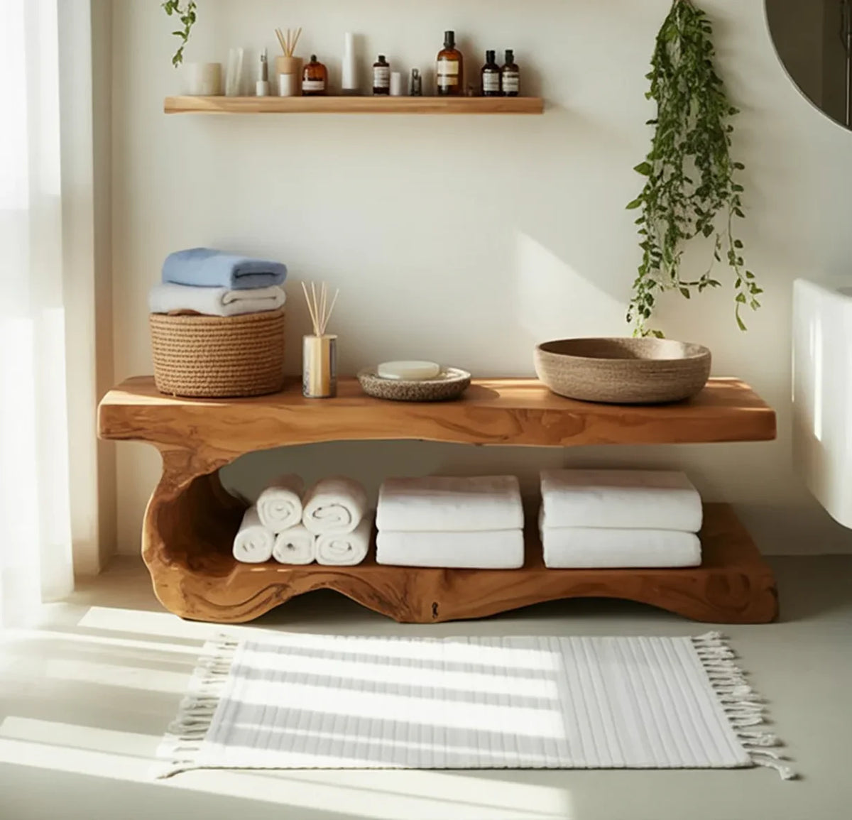 Live edge wood console table with towels, baskets, and spa decor in a bright bathroom