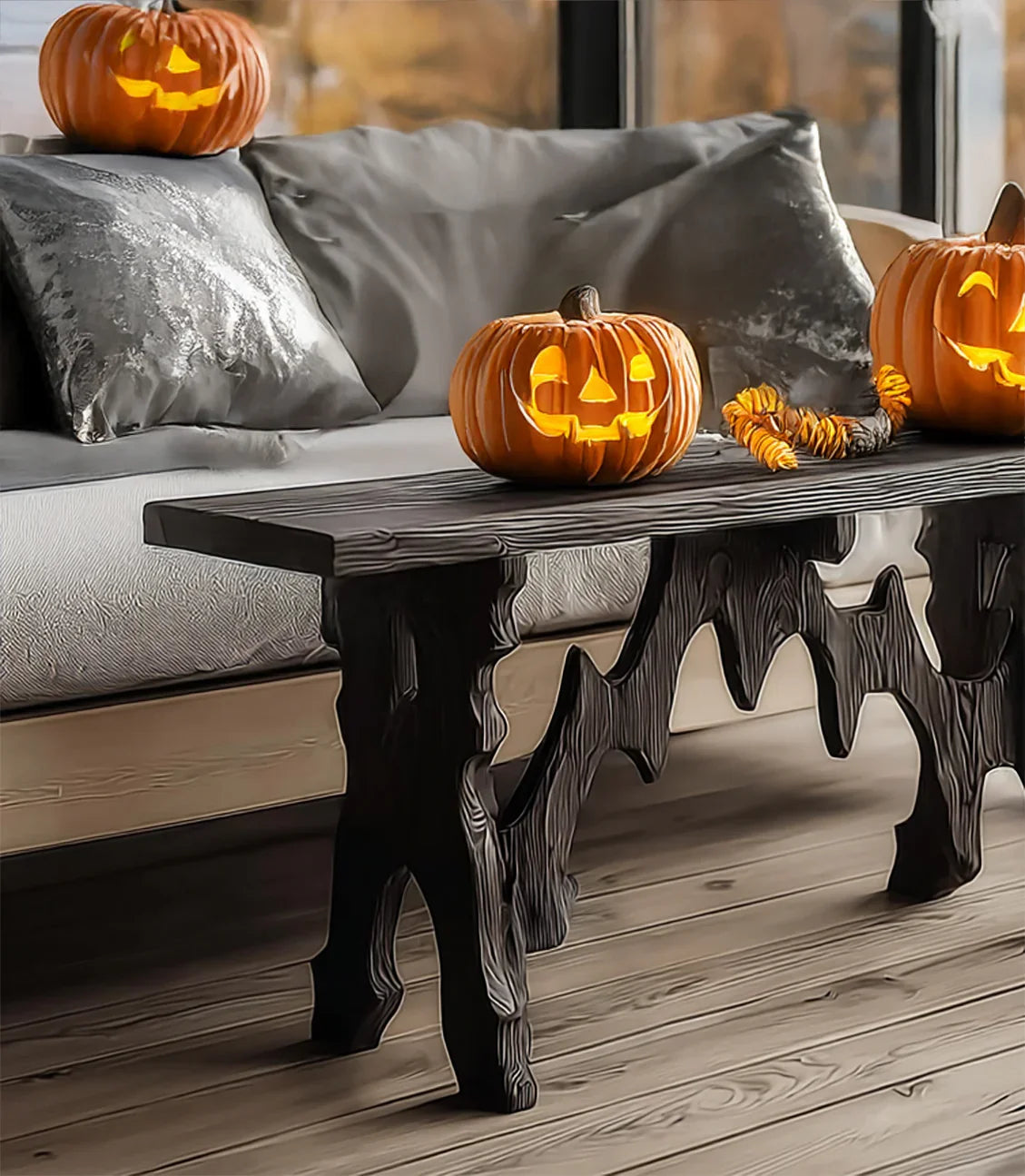 Solid wood live edge coffee table with carved legs, decorated with Halloween jack-o'-lanterns.