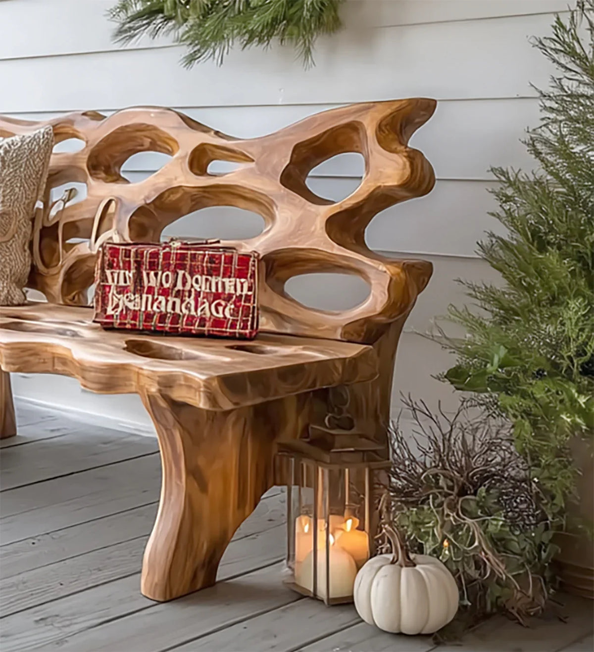 Hand-carved wooden bench with organic, hole-filled design on a porch with white pumpkin and candle lantern