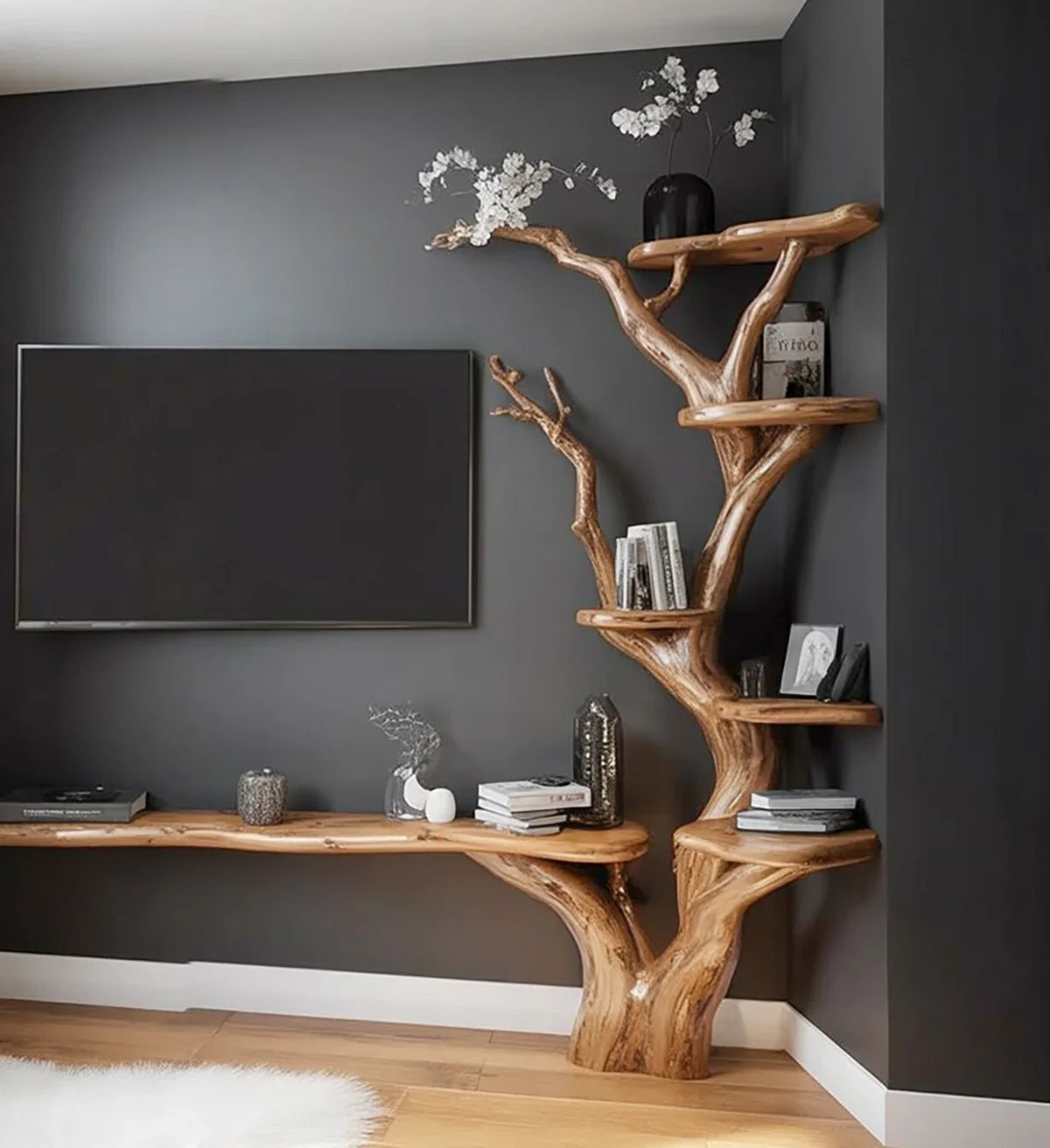Live edge solid wood tree bookshelf with floating shelves in modern living room
