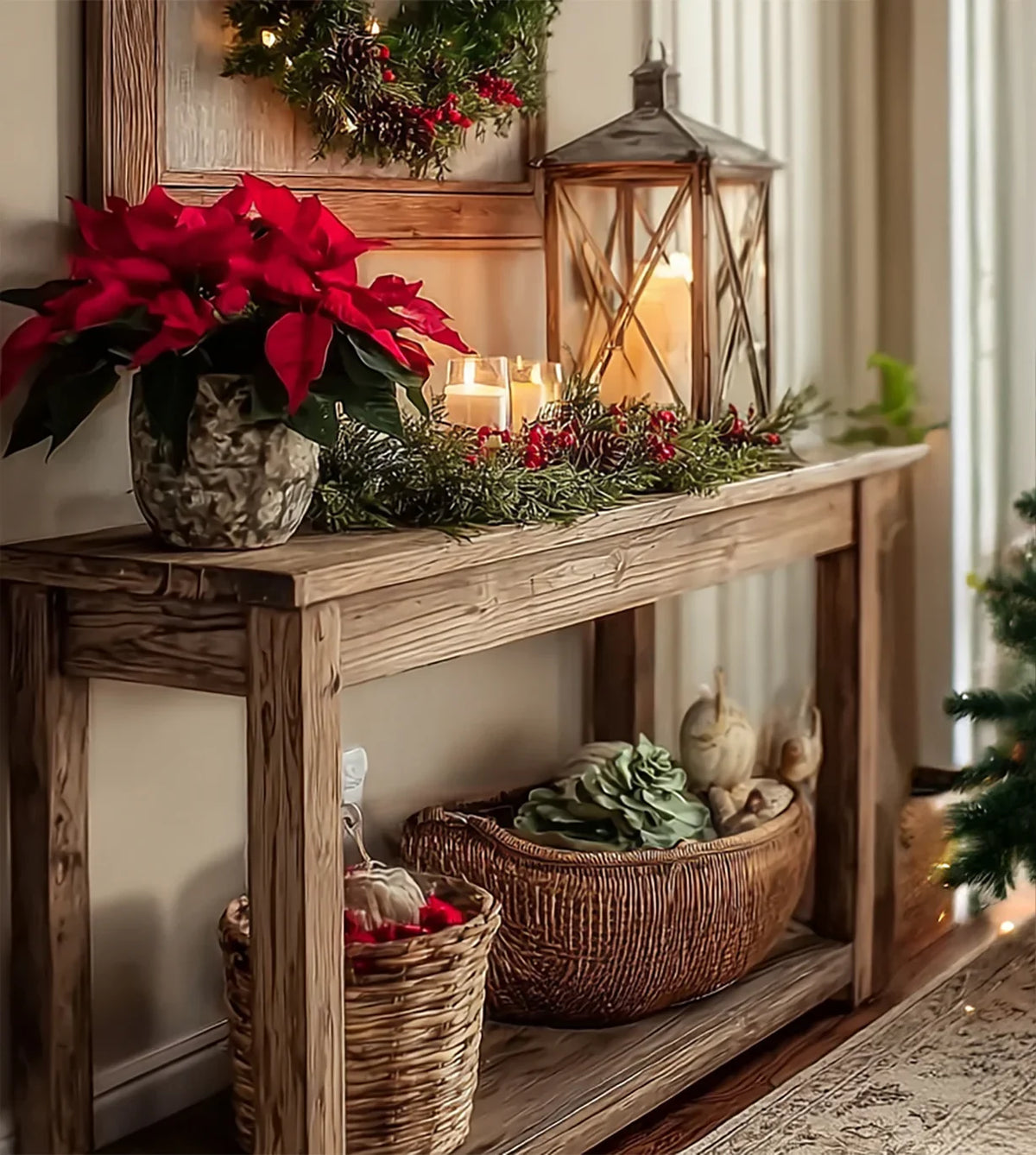 Rustic wooden console table with Christmas decorations, poinsettia, candles, lantern, and wicker baskets