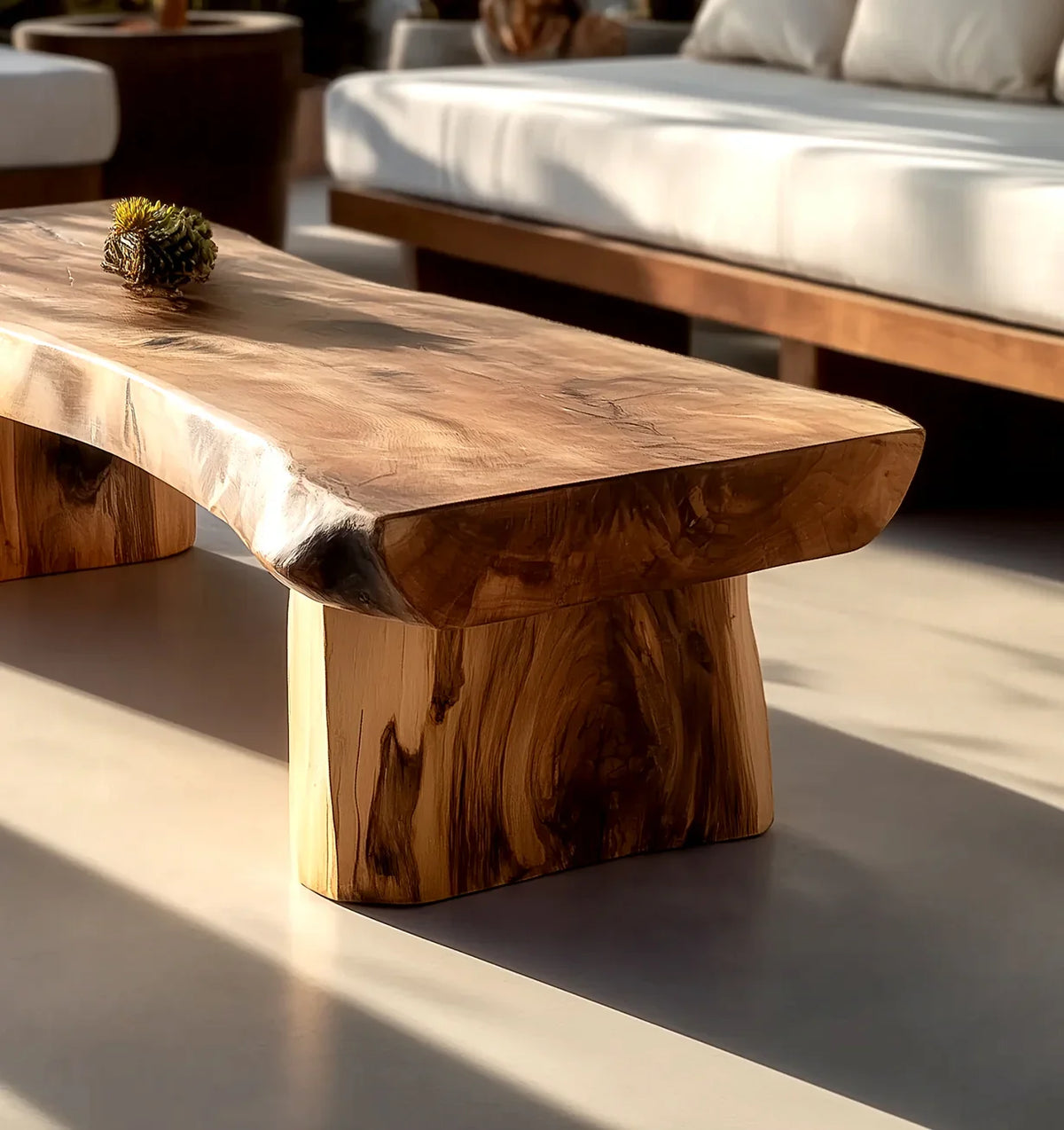 Solid wood live edge coffee table in sunlight, modern sustainable living room furniture