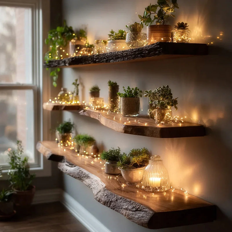 Live edge solid wood floating shelves with potted plants and string lights on a wall.