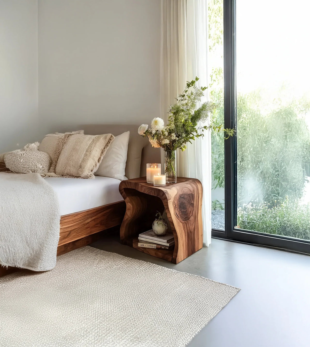 Live edge solid wood nightstand with vase, candles, and books in a modern bedroom