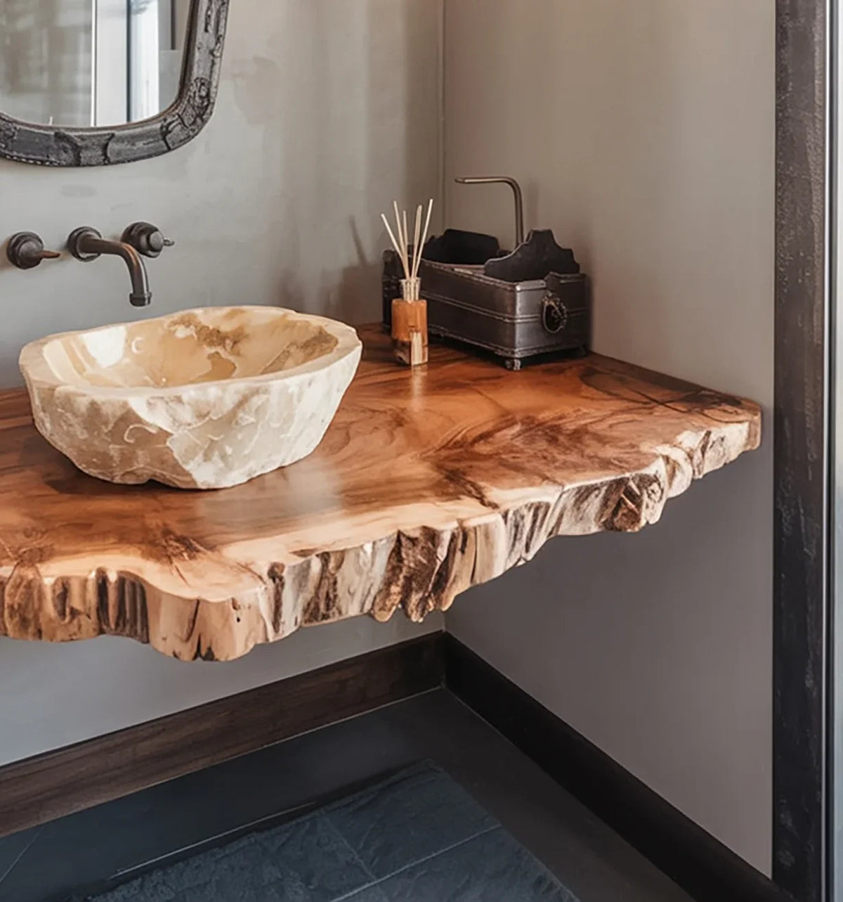 Live edge solid wood floating vanity with stone vessel sink in modern bathroom