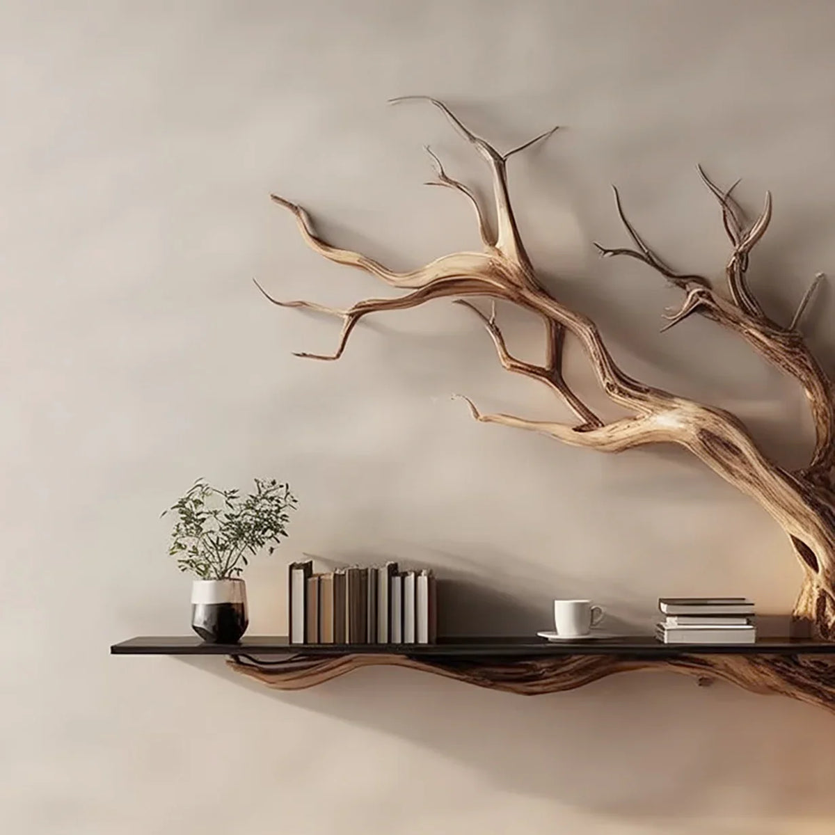 Live edge tree branch bookshelf with books, plant pot, and coffee cup against beige wall.