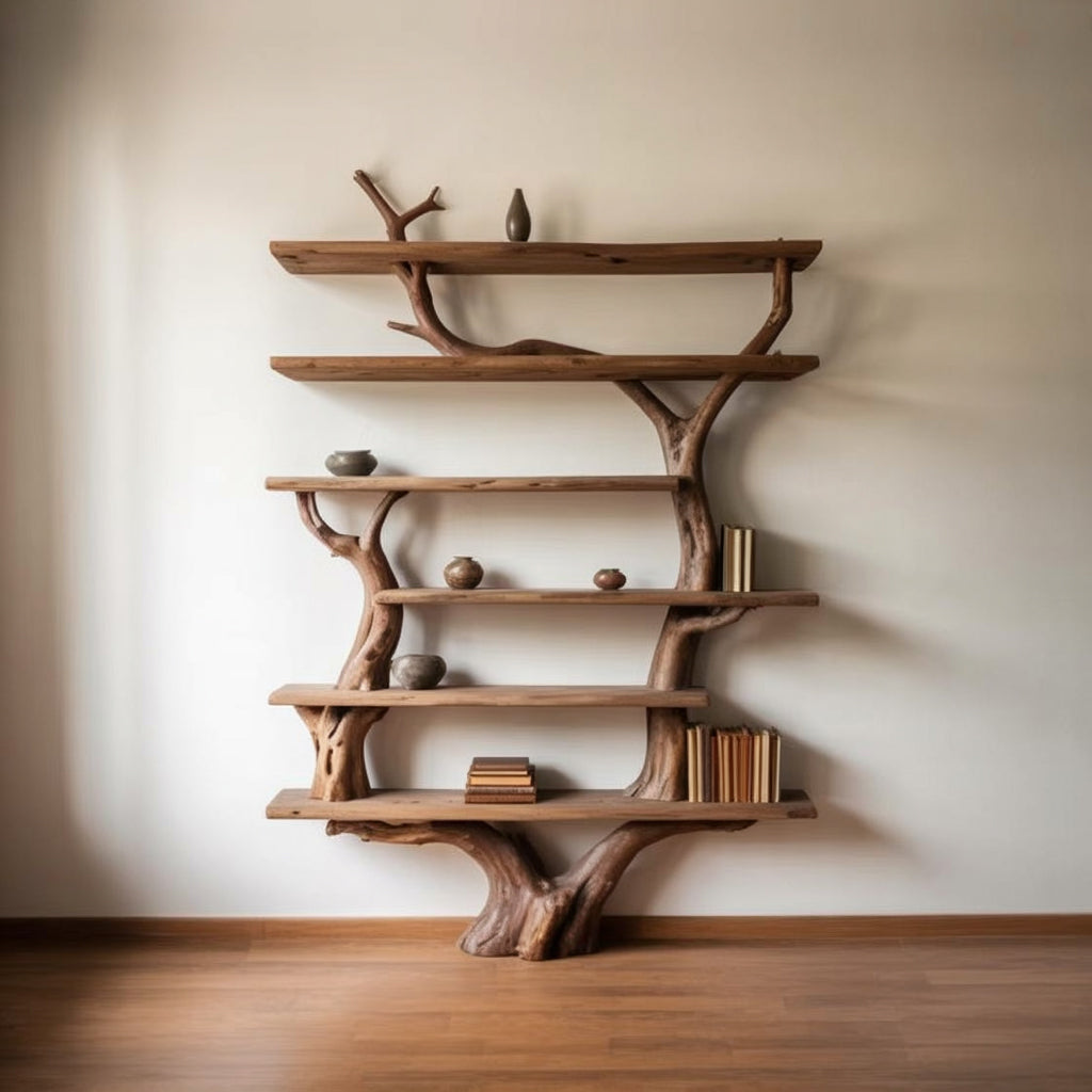 Live edge solid wood tree bookshelf with natural branches, holding books and decor items.