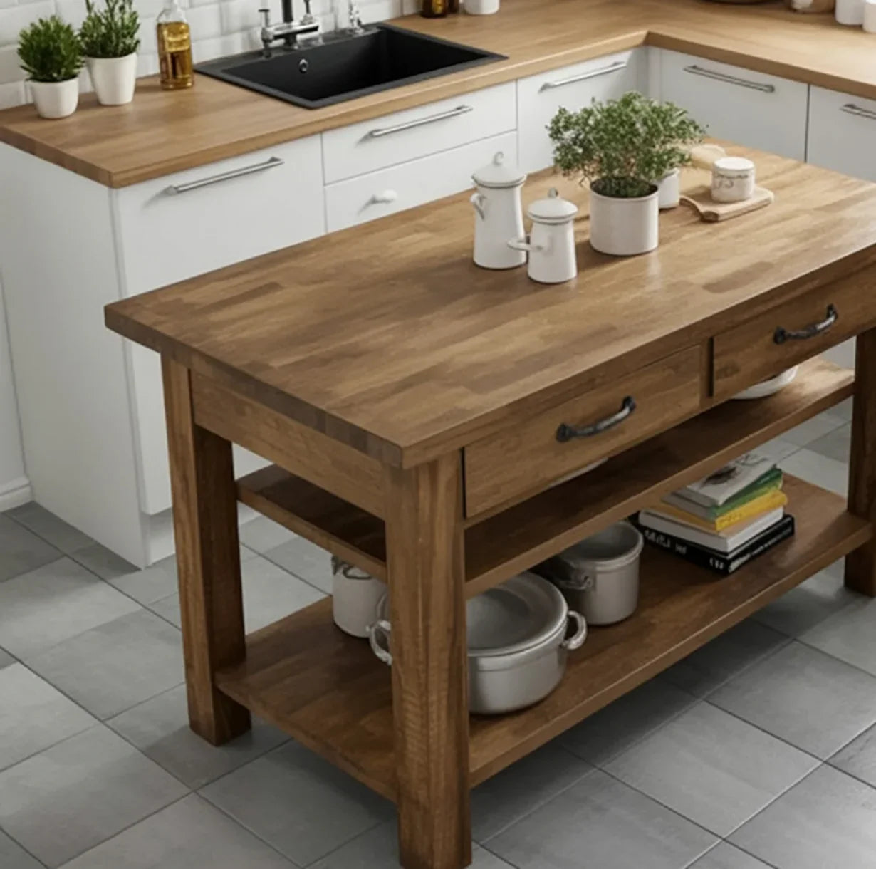 Solid wood kitchen island with shelves and drawers, potted plant, minimalist decor