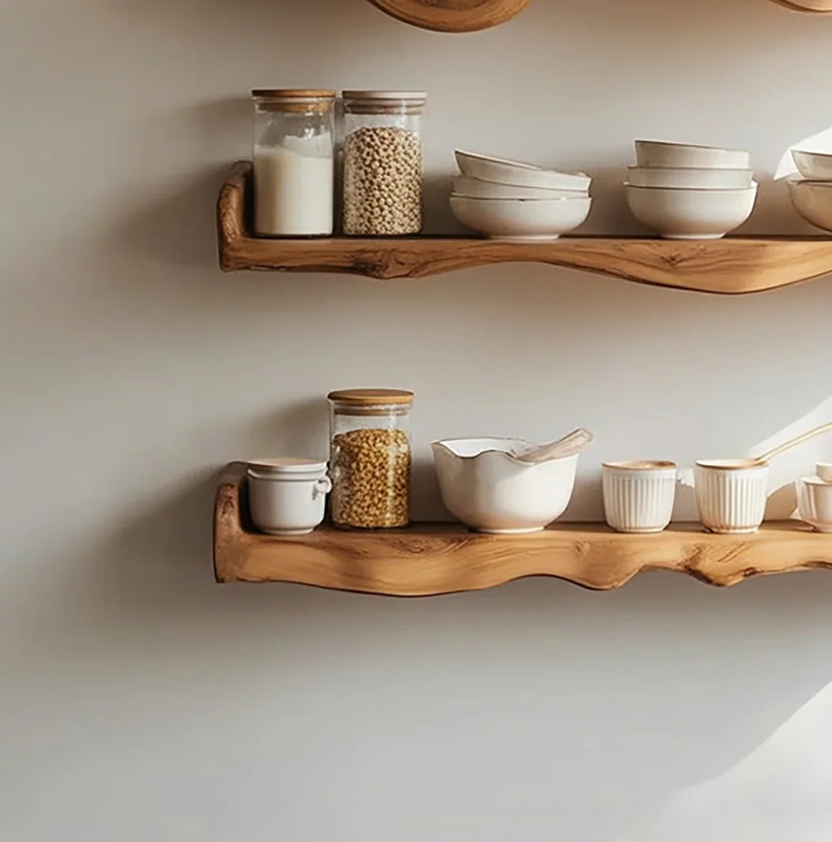 Live edge floating wood shelves with ceramic bowls and glass jars in a modern kitchen