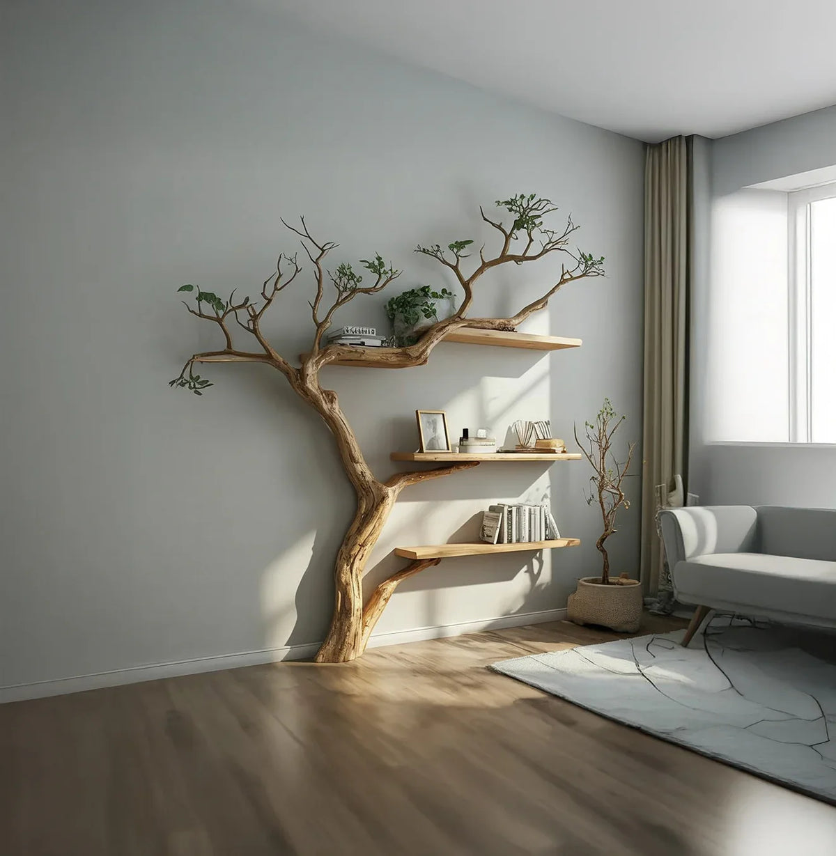 Solid wood tree bookshelf with live edge shelves in a modern living room