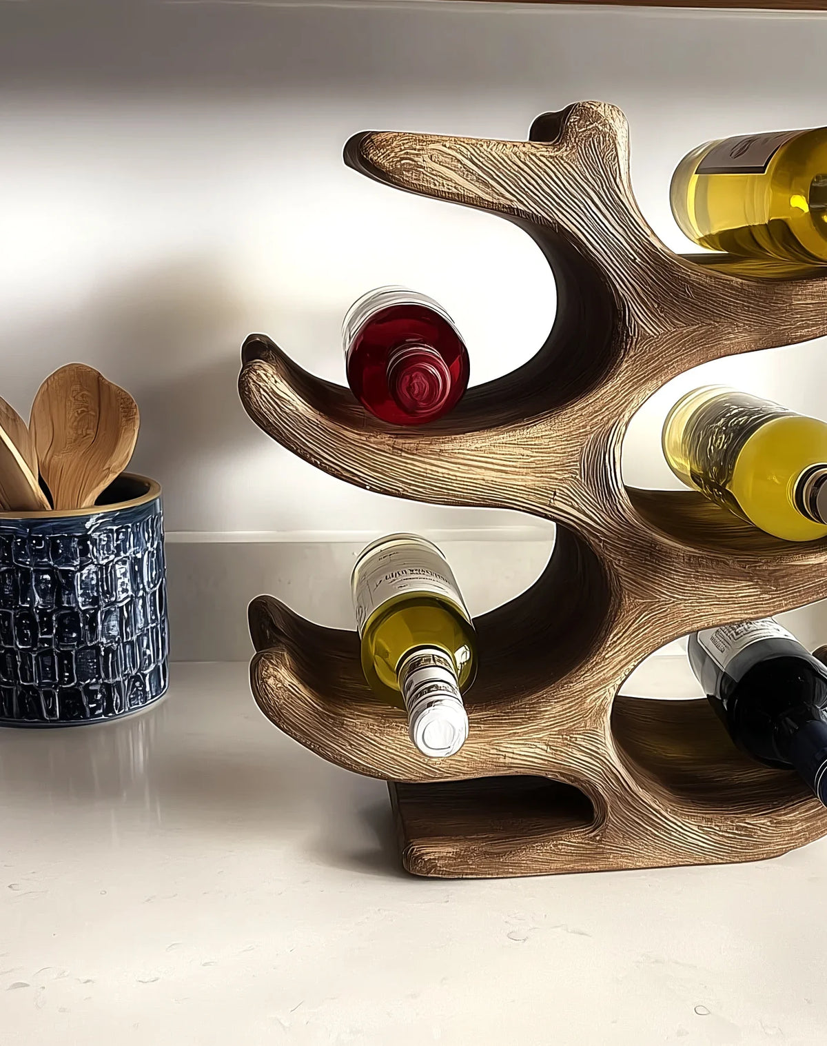Modern live edge wood wine rack with bottles on a kitchen counter, sustainable décor