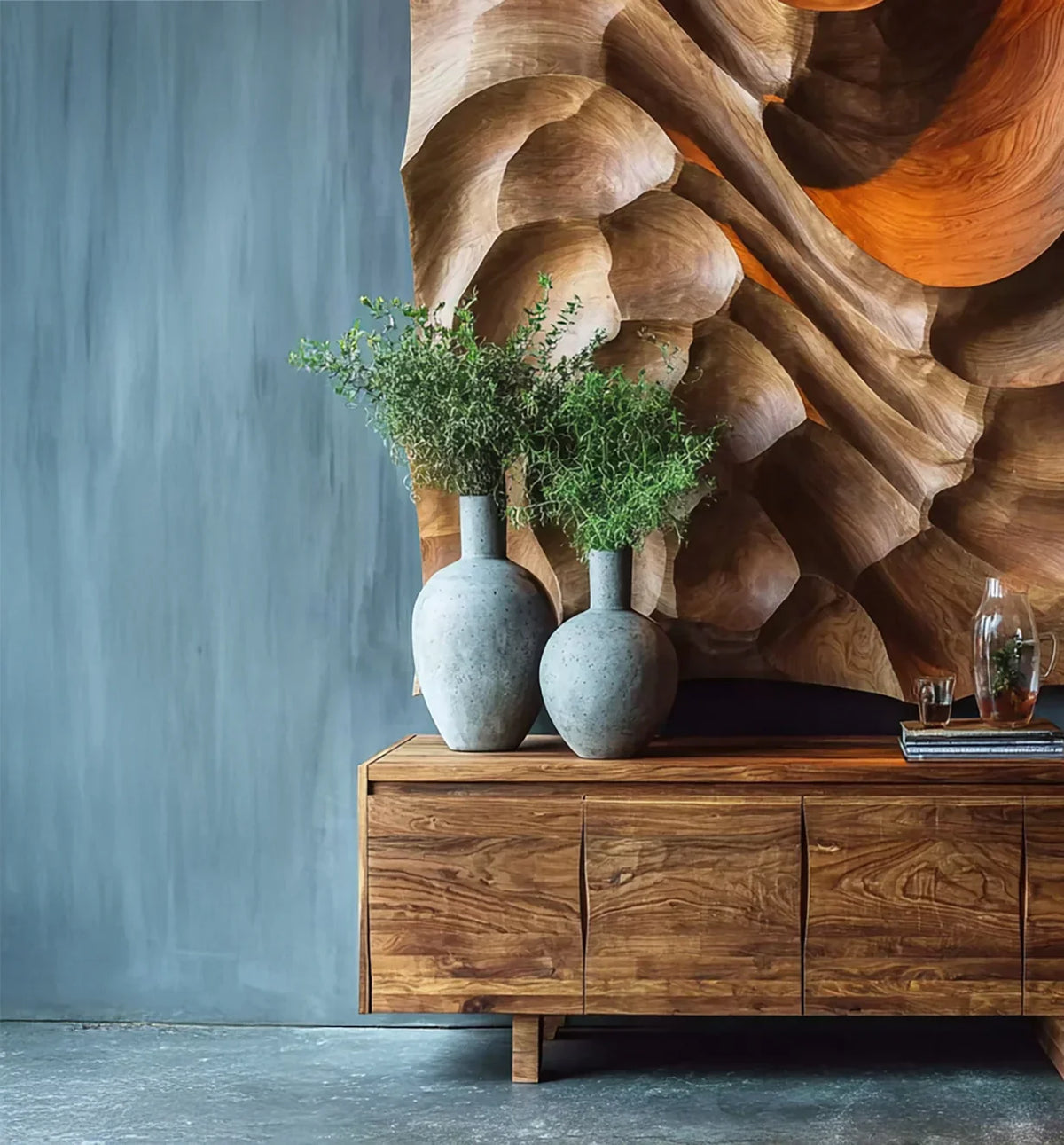 Modern wooden sideboard with two large stone vases filled with green plants against textured wooden wall art
